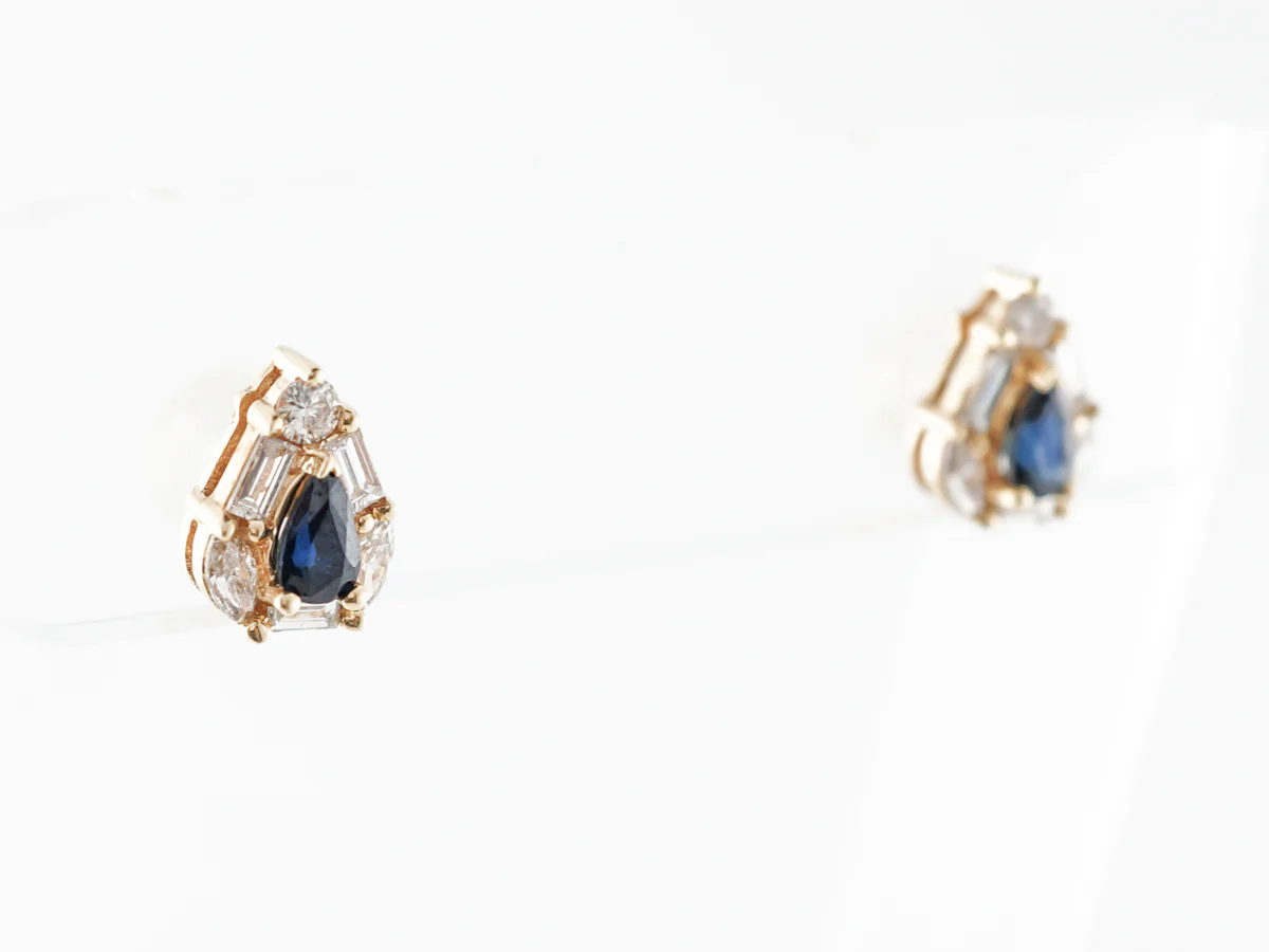 Pear Cut Sapphire & Diamond Earrings in 14k Yellow Gold - Image 5