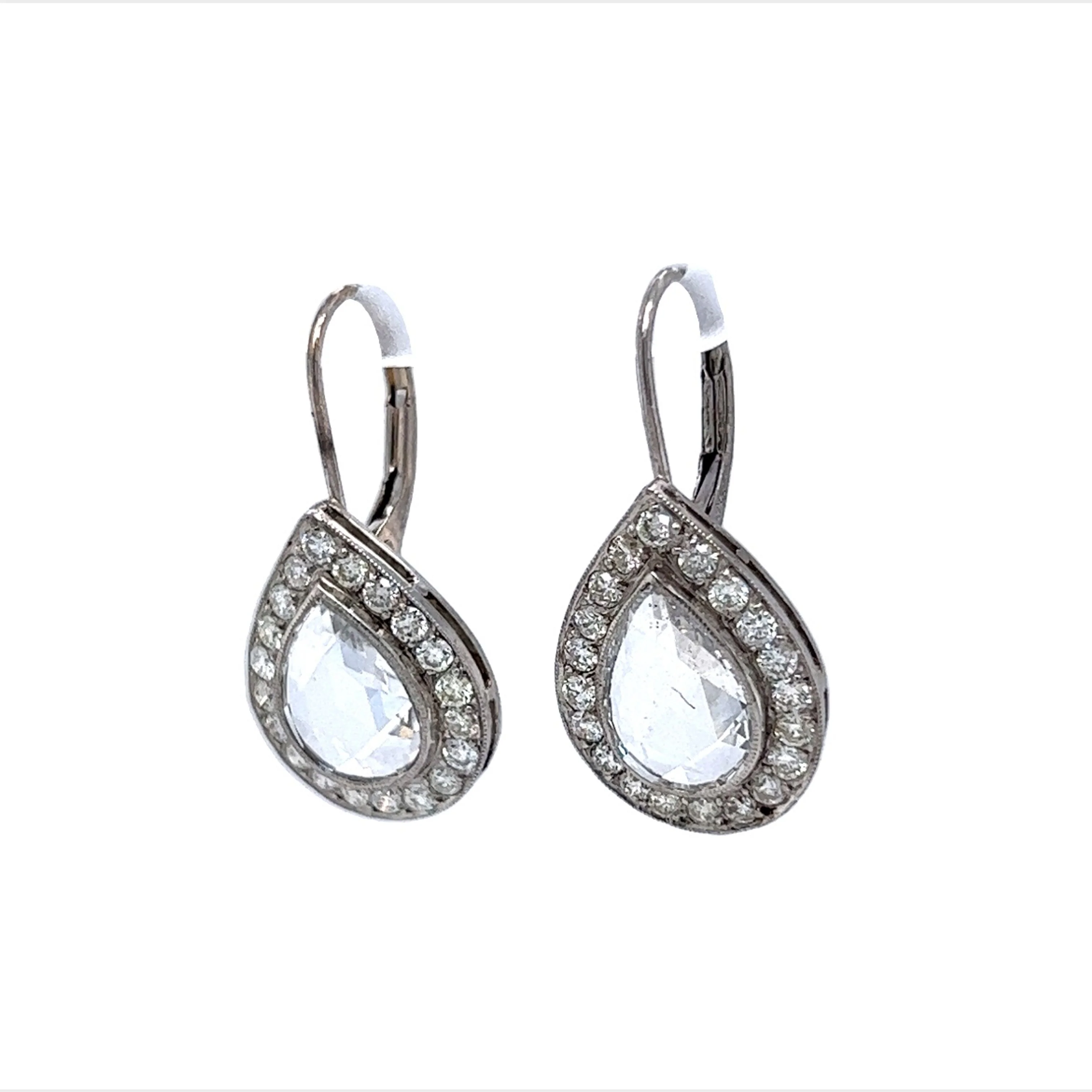 Pear Rose Cut Diamond Halo Drop Earrings in Platinum - Image 2