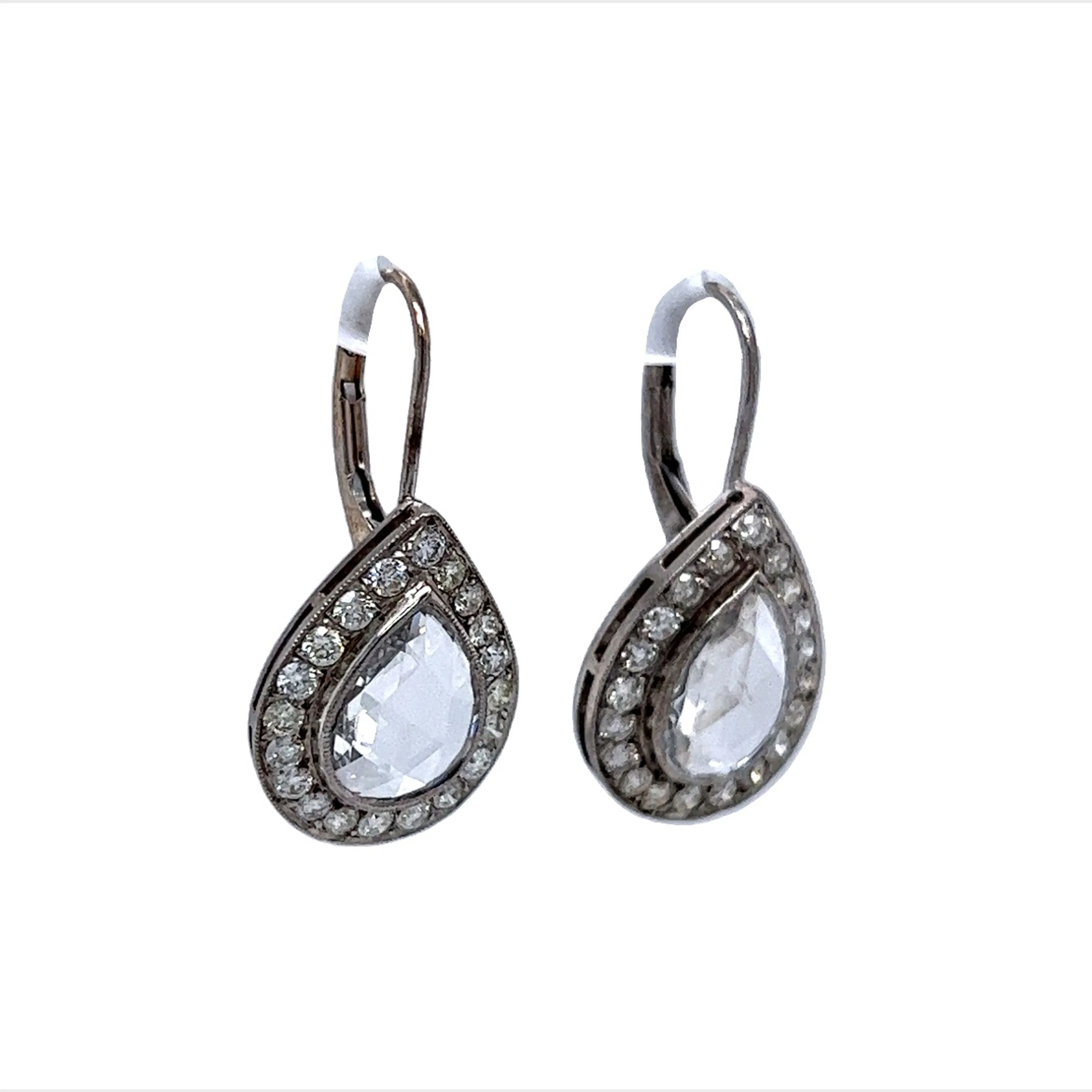 Pear Rose Cut Diamond Halo Drop Earrings in Platinum - Image 3