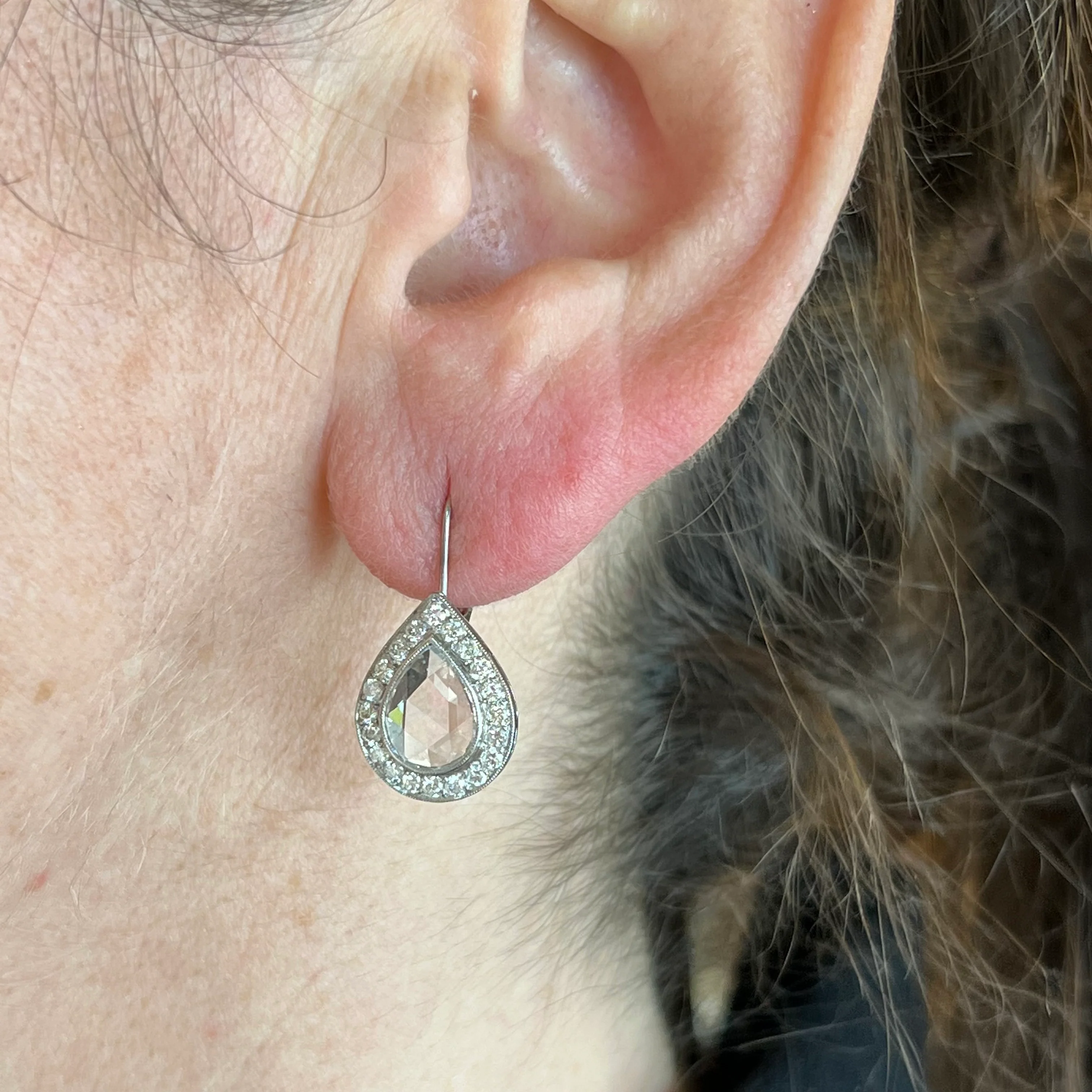 Pear Rose Cut Diamond Halo Drop Earrings in Platinum - Image 4