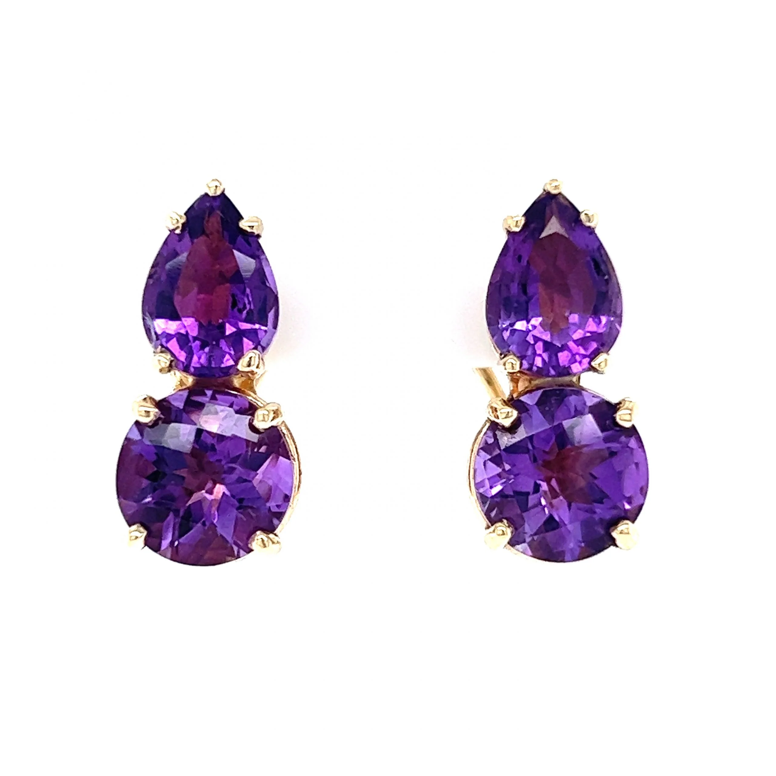 Pear & Round Cut Amethyst Stud Earrings in 14k Yellow Gold