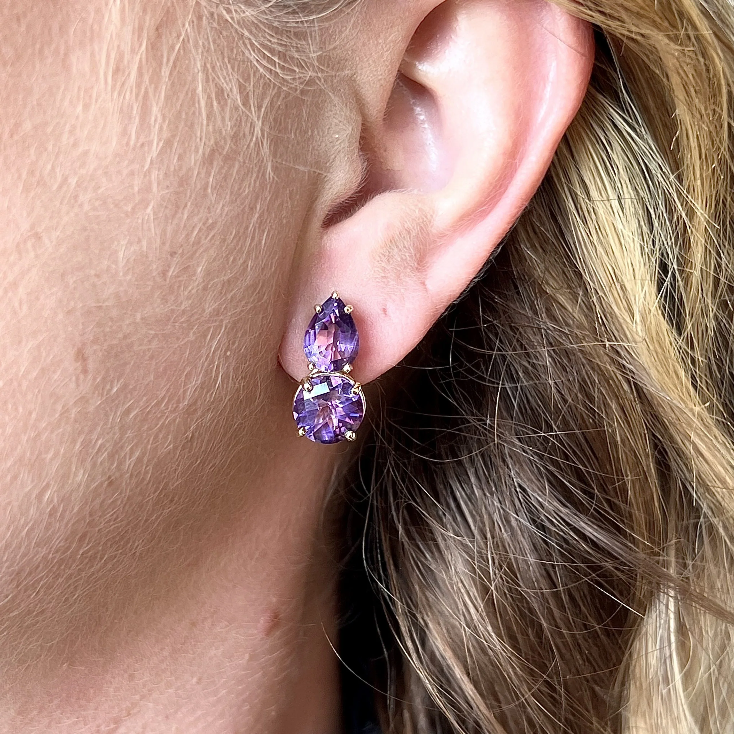 Pear & Round Cut Amethyst Stud Earrings in 14k Yellow Gold - Image 4