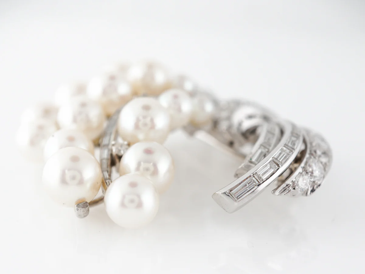 Pearl Brooch w/Diamonds in 14k White Gold - Image 3