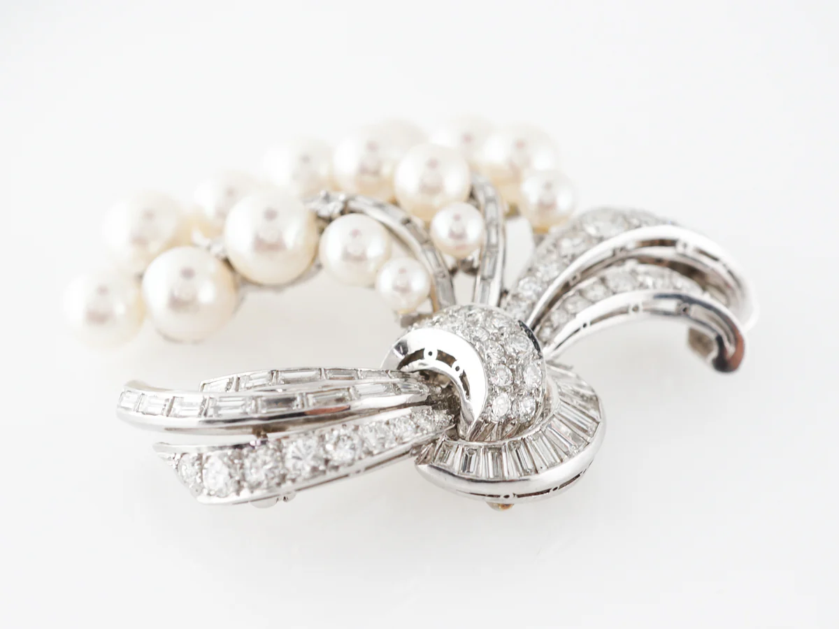 Pearl Brooch w/Diamonds in 14k White Gold - Image 4