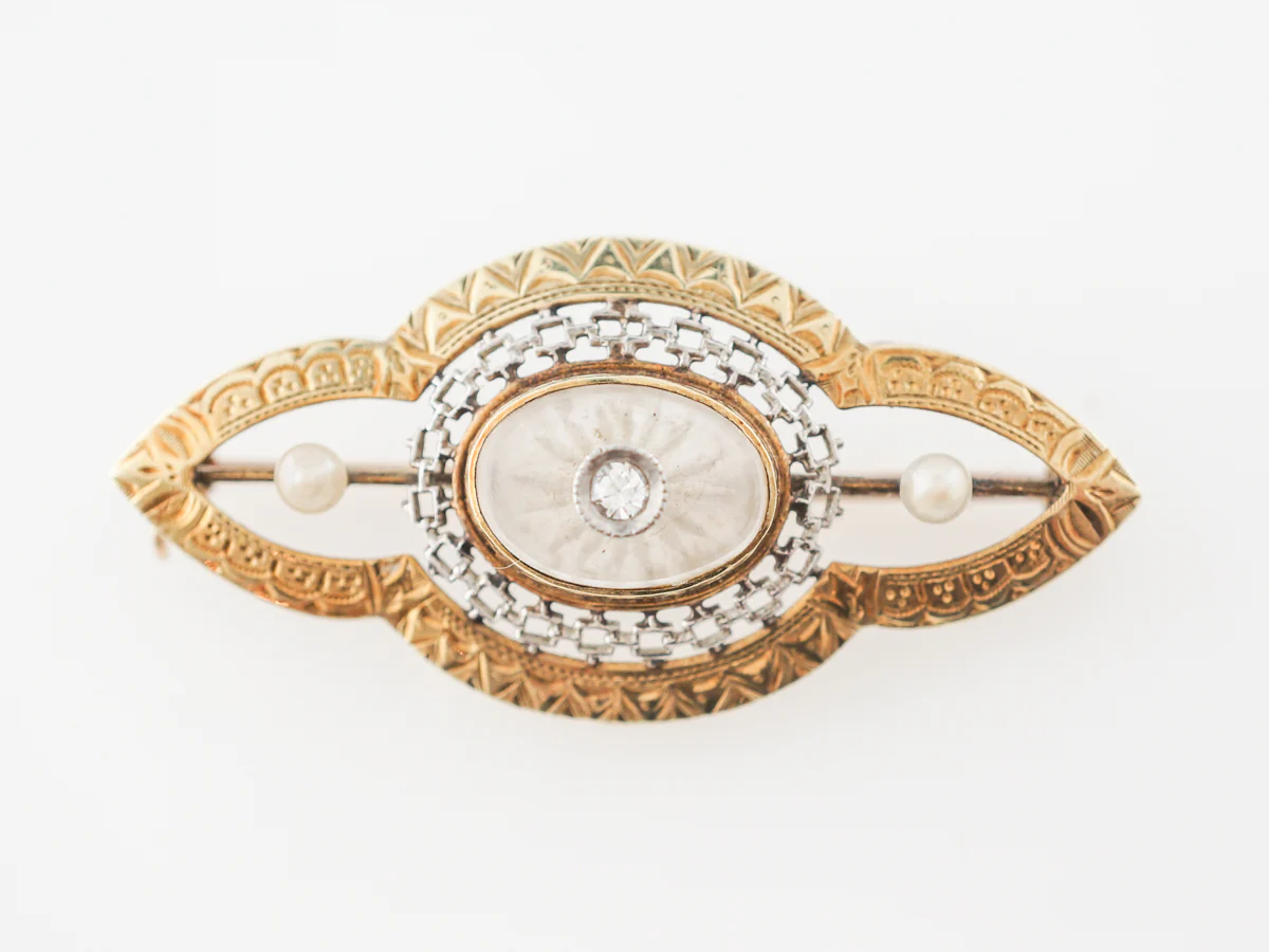 Pearl & Diamond Art Deco Brooch in White & Yellow Gold - Image 4