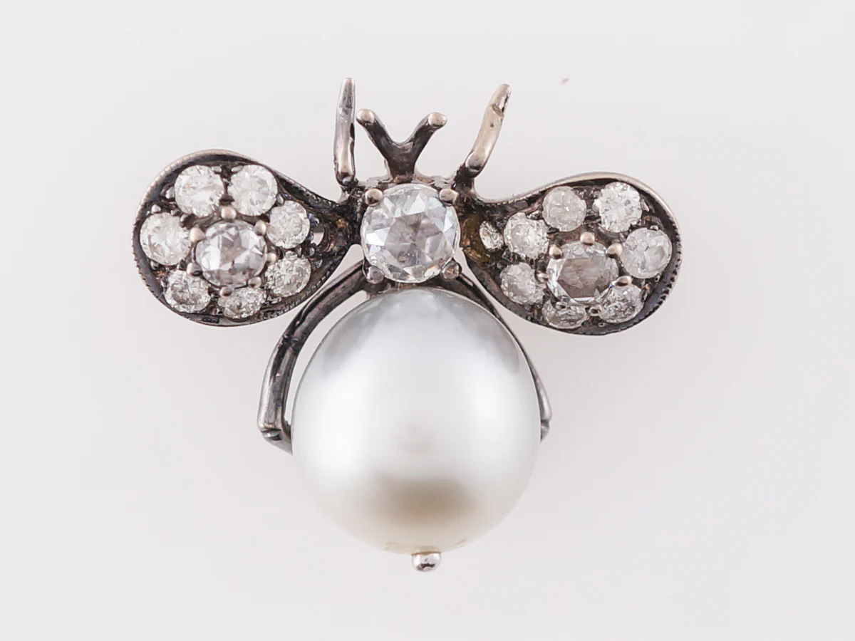 Pearl & Diamond Bee Pin in White Gold
