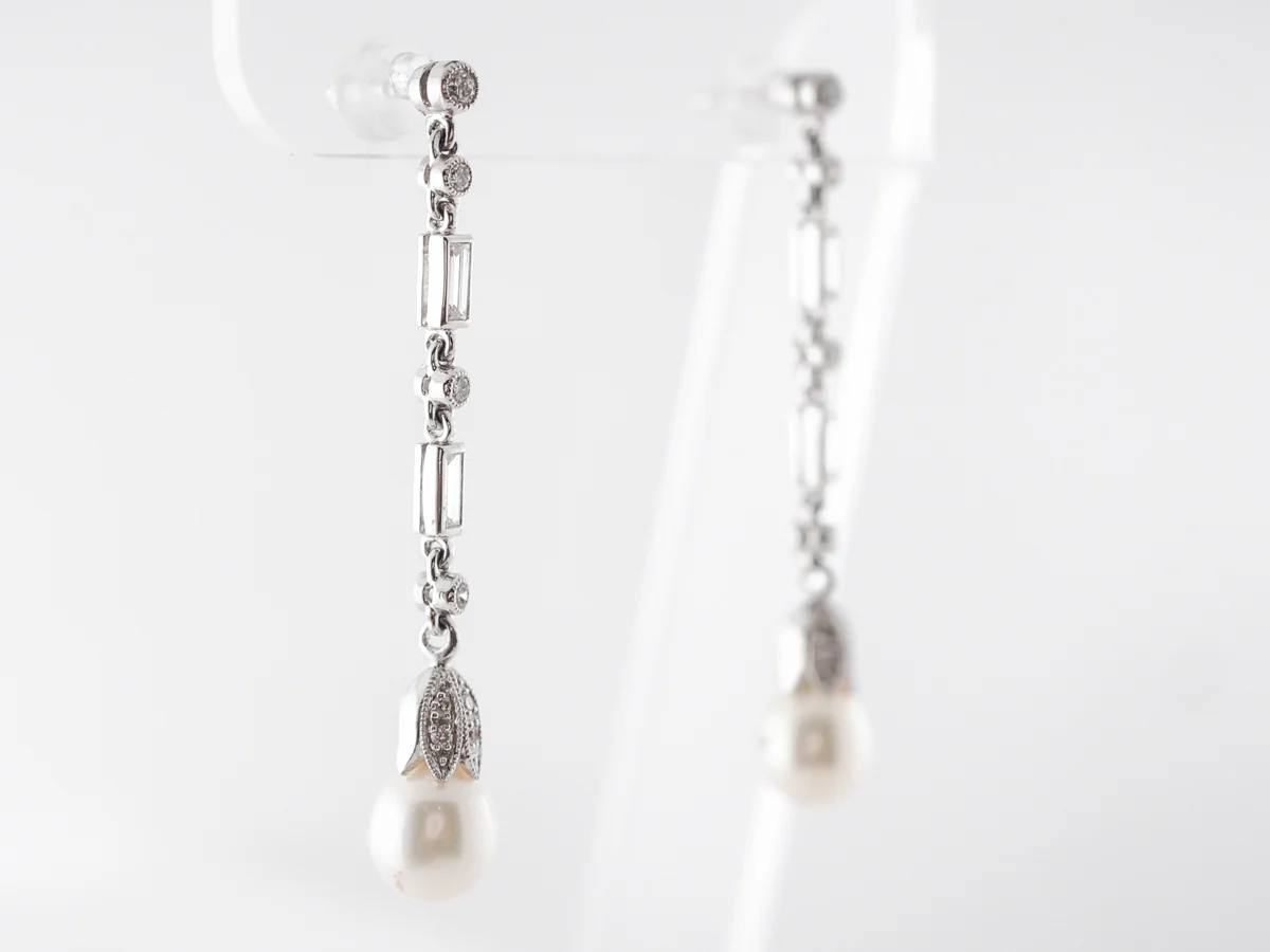 Pearl & Diamond Dangle Earrings in Platinum - Image 2