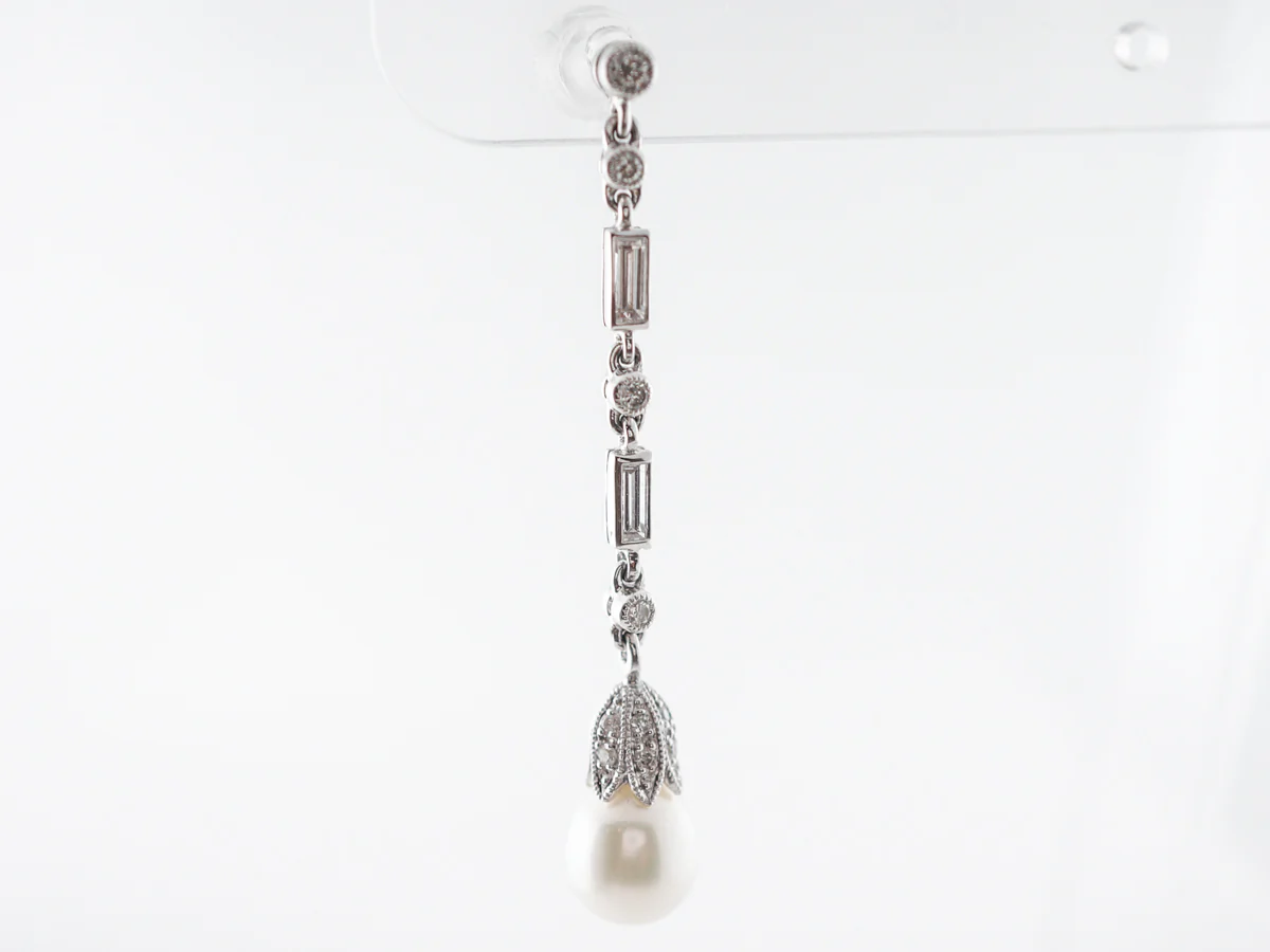 Pearl & Diamond Dangle Earrings in Platinum - Image 3