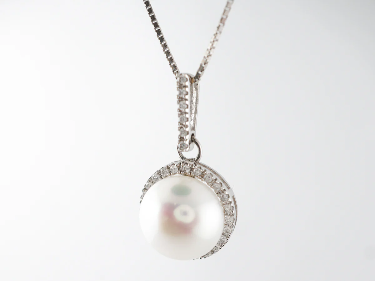 Pearl & Diamond Pave Pendant Necklace 14k - Image 2