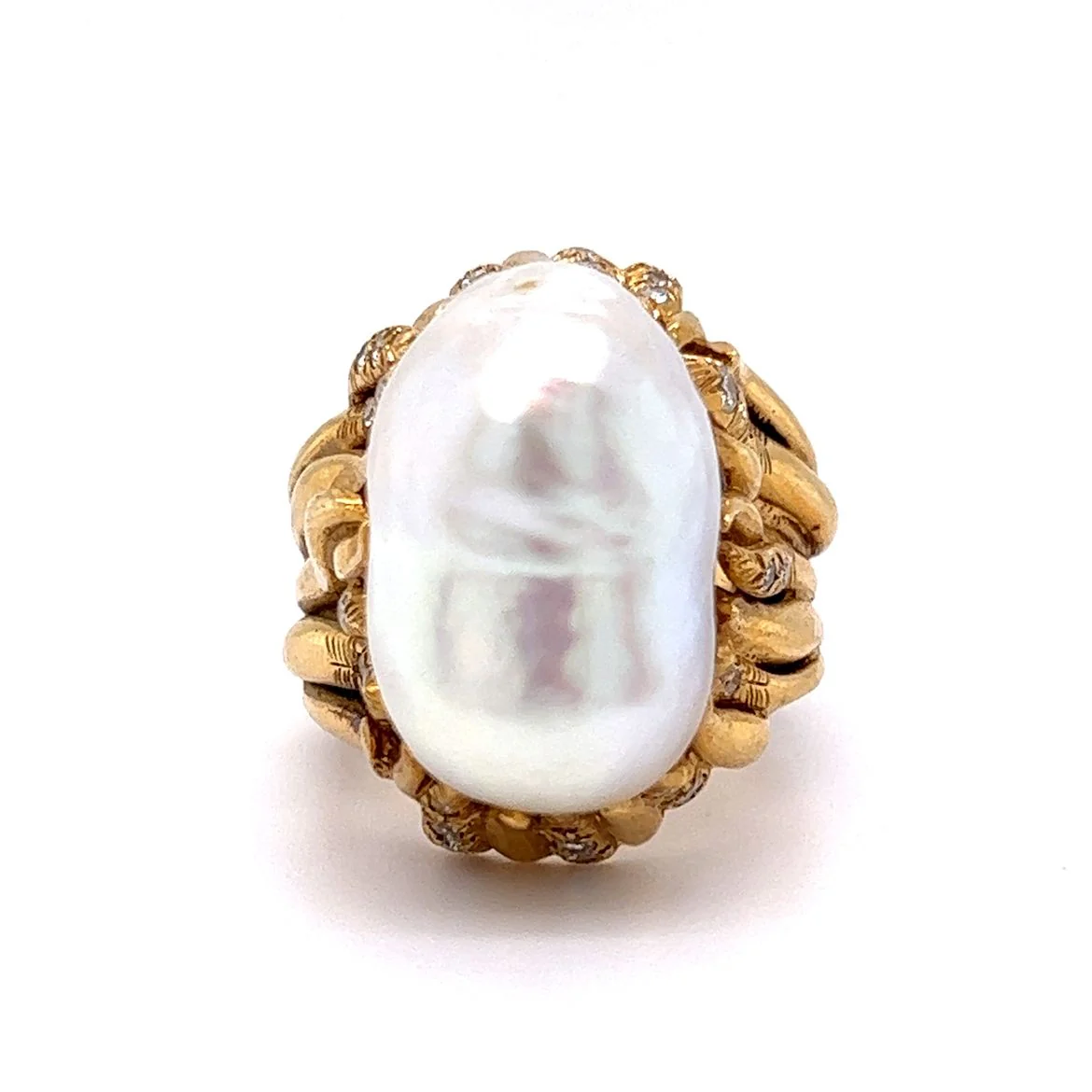 Vintage Mid-Century Pearl & Diamond Cocktail Ring in 18k Yellow Gold