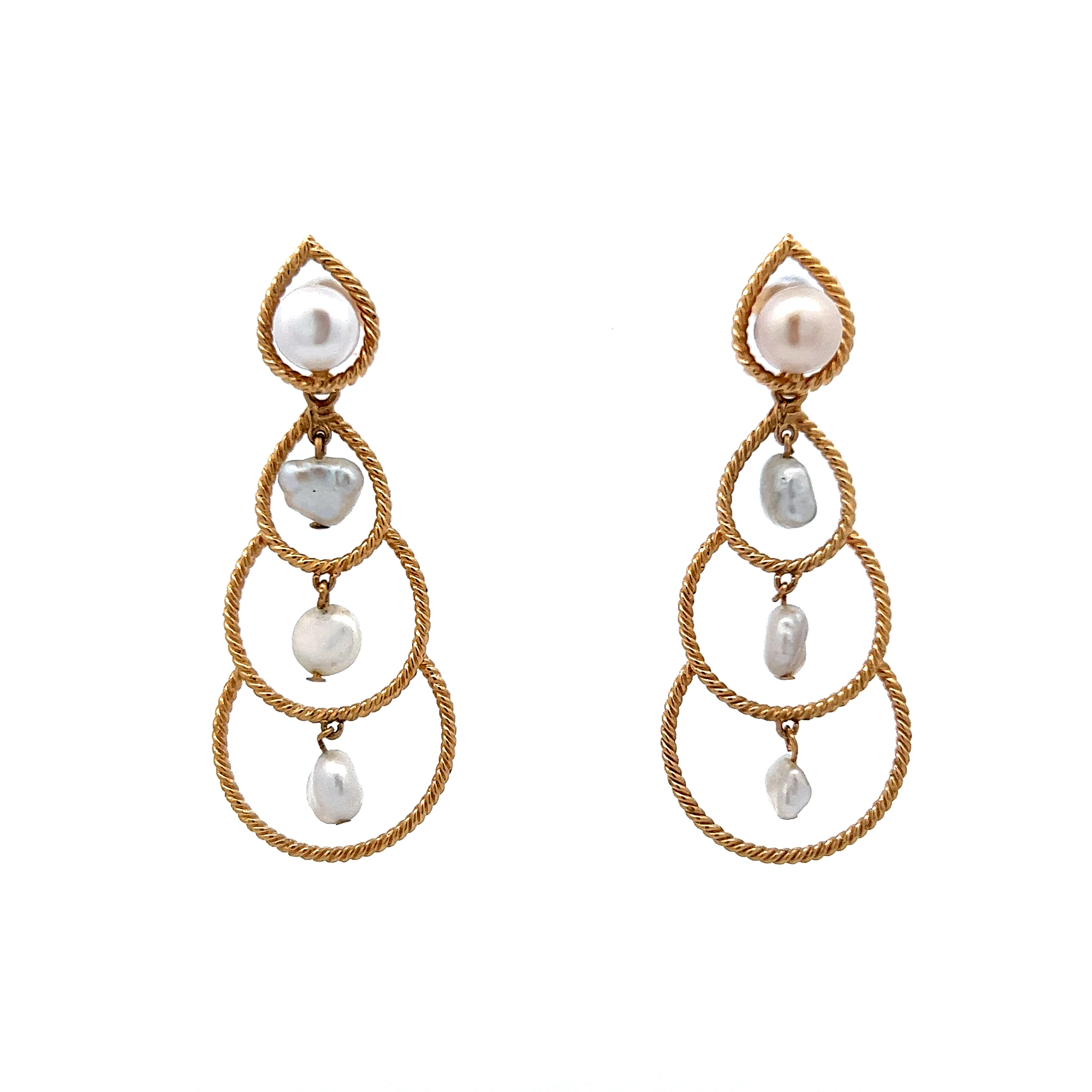 Tiered Pearl Drop Earrings in 14k Yellow Gold