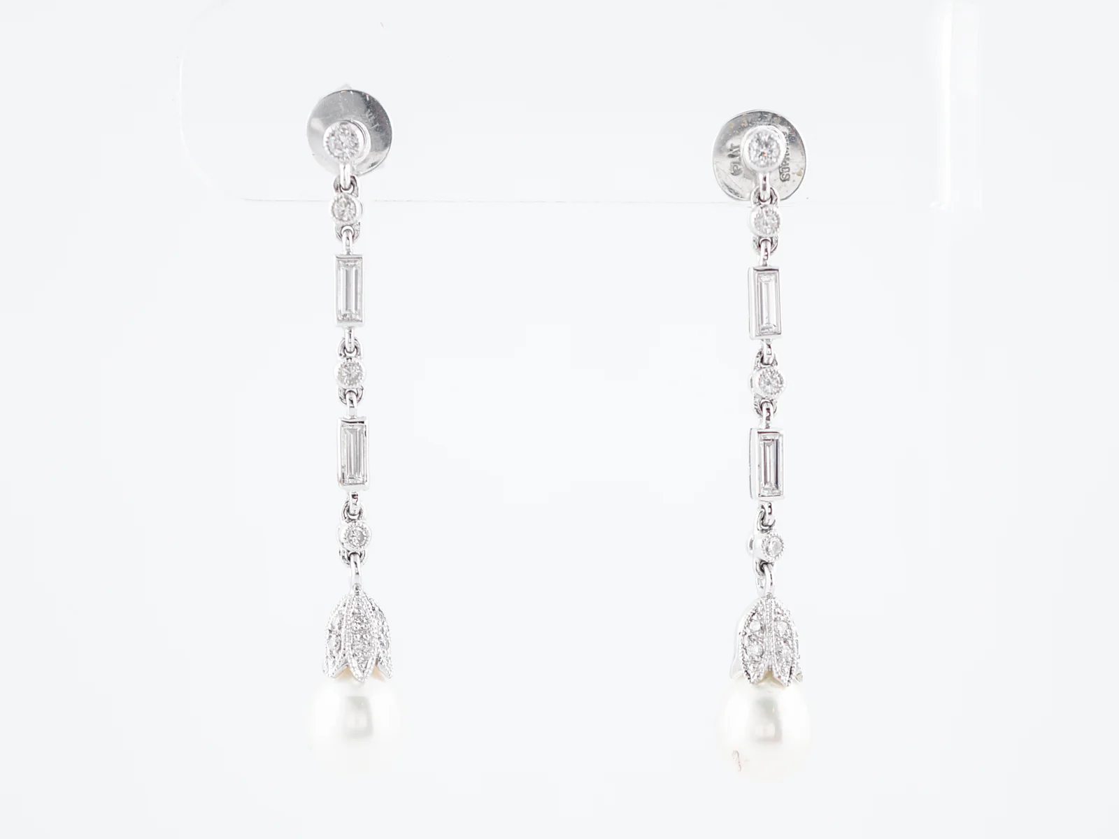 Pearl Earrings Modern .70 Round Brilliant & Baguette Cut Diamond in Platinum