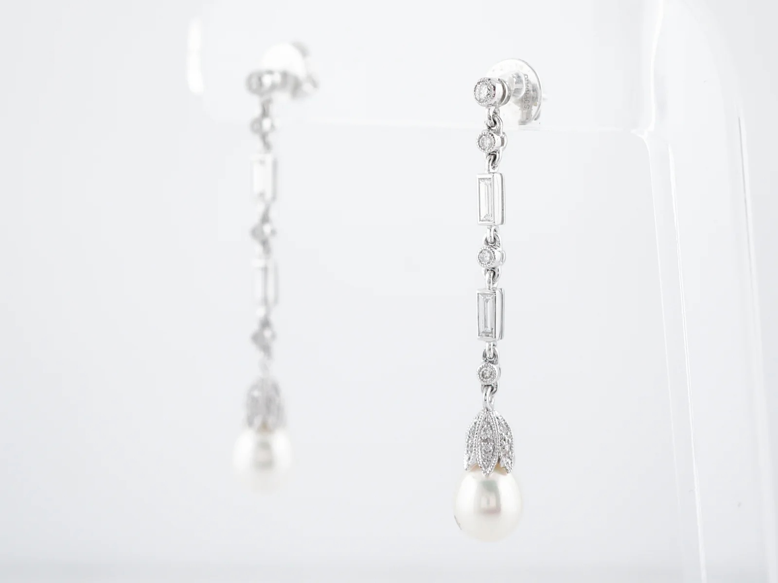 Pearl Earrings Modern .70 Round Brilliant & Baguette Cut Diamond in Platinum - Image 2