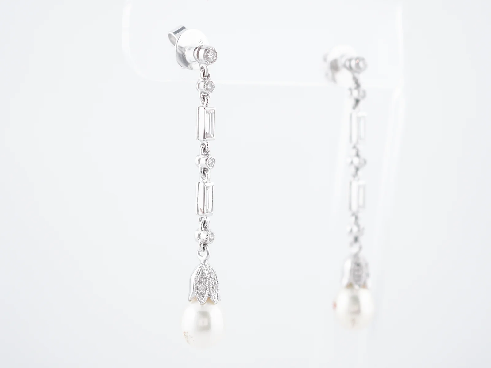 Pearl Earrings Modern .70 Round Brilliant & Baguette Cut Diamond in Platinum - Image 3