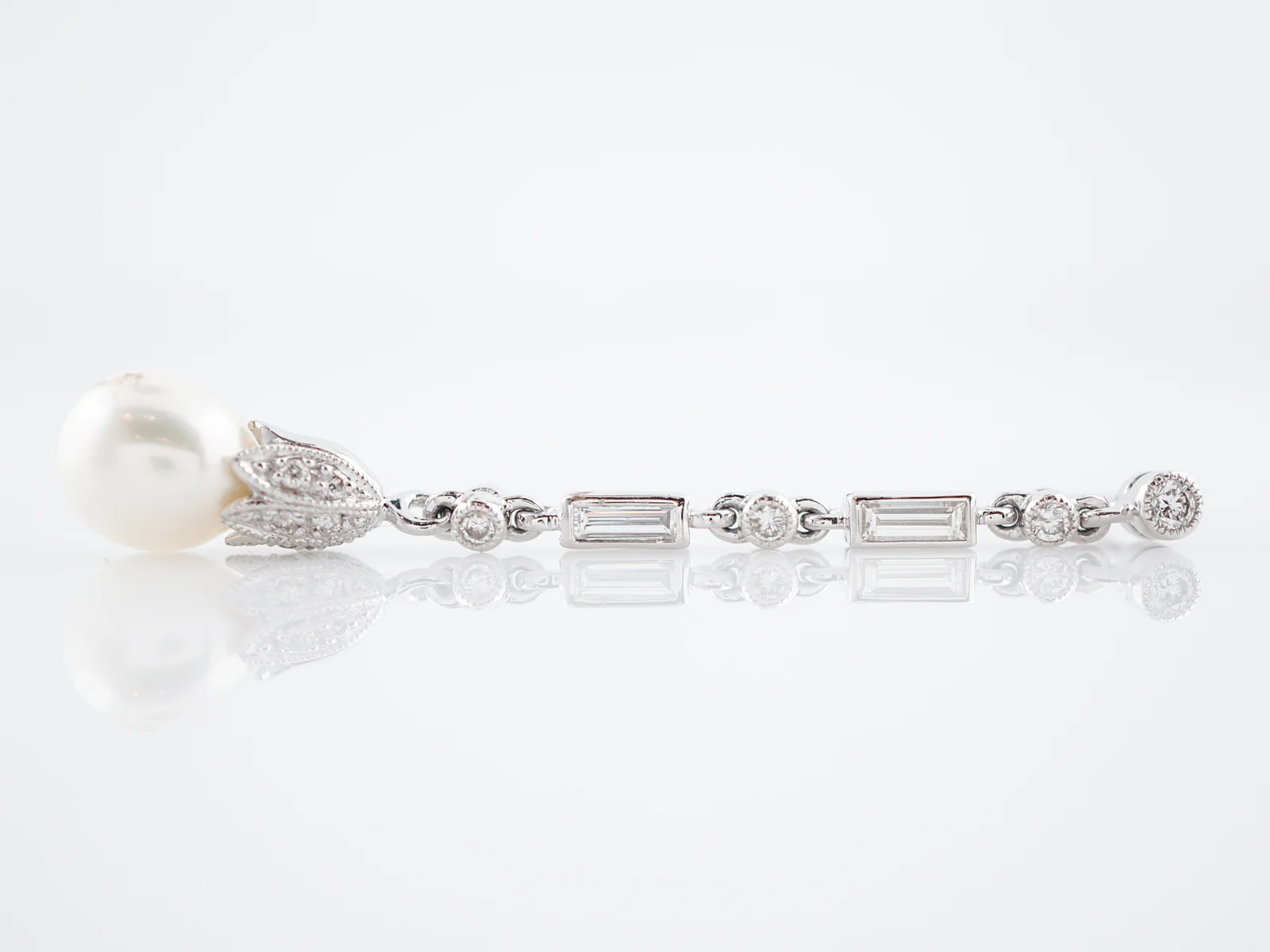 Pearl Earrings Modern .70 Round Brilliant & Baguette Cut Diamond in Platinum - Image 6