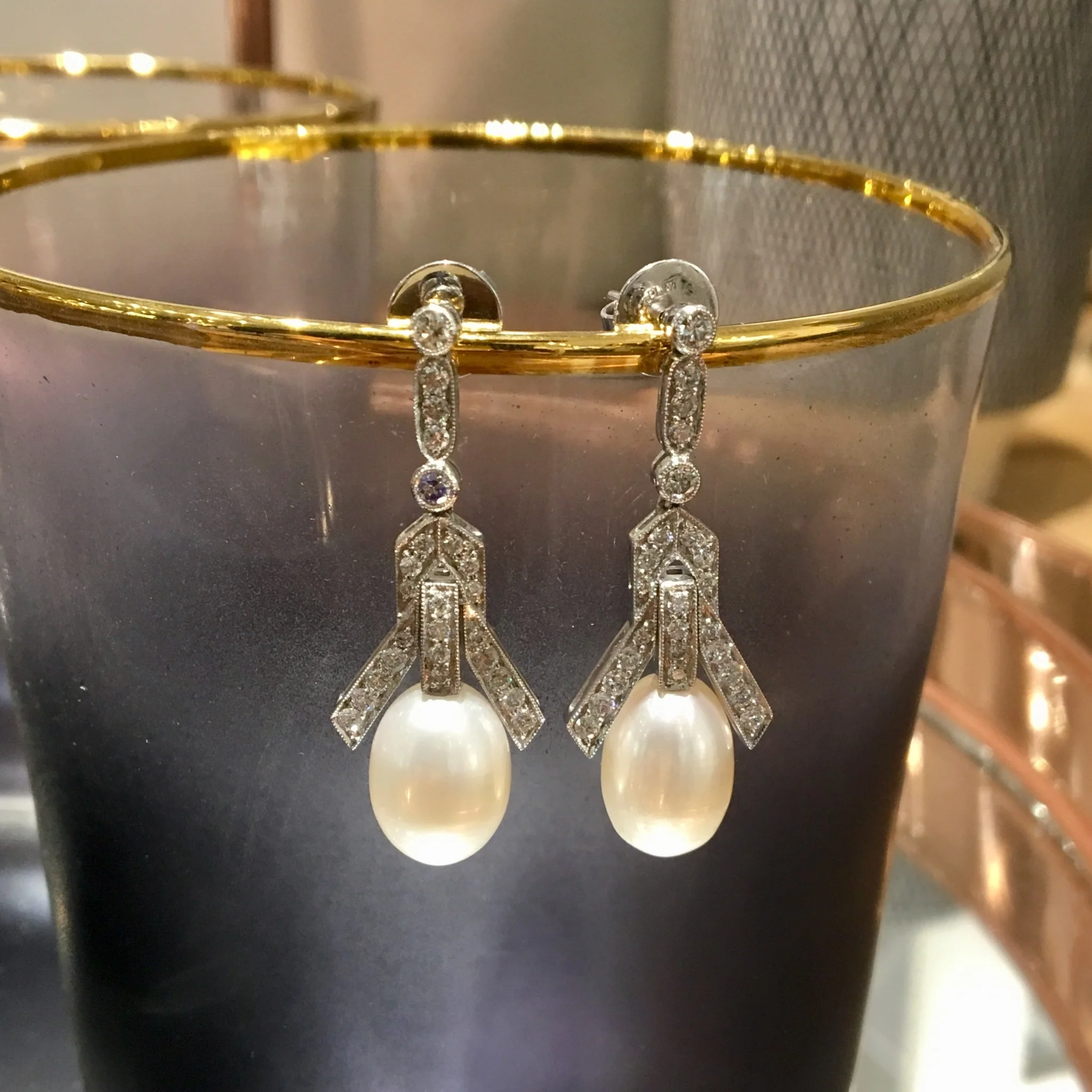 Pearl Earrings Modern .94 Round Brilliant Cut Diamond in Platinum
