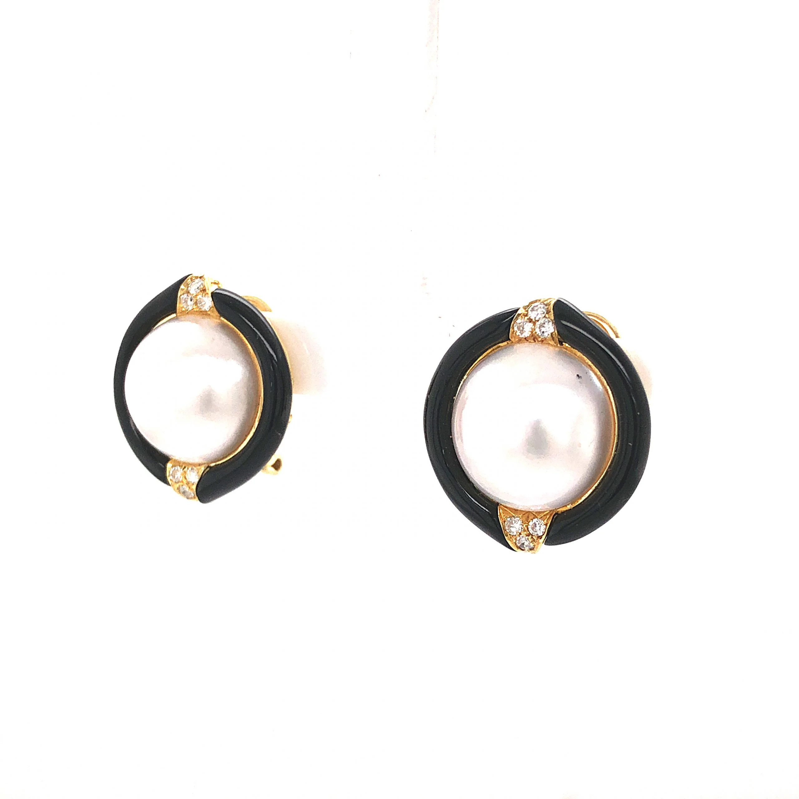 Pearl & Onyx Earrings w/ Diamonds in 18k Yellow Gold - Image 2