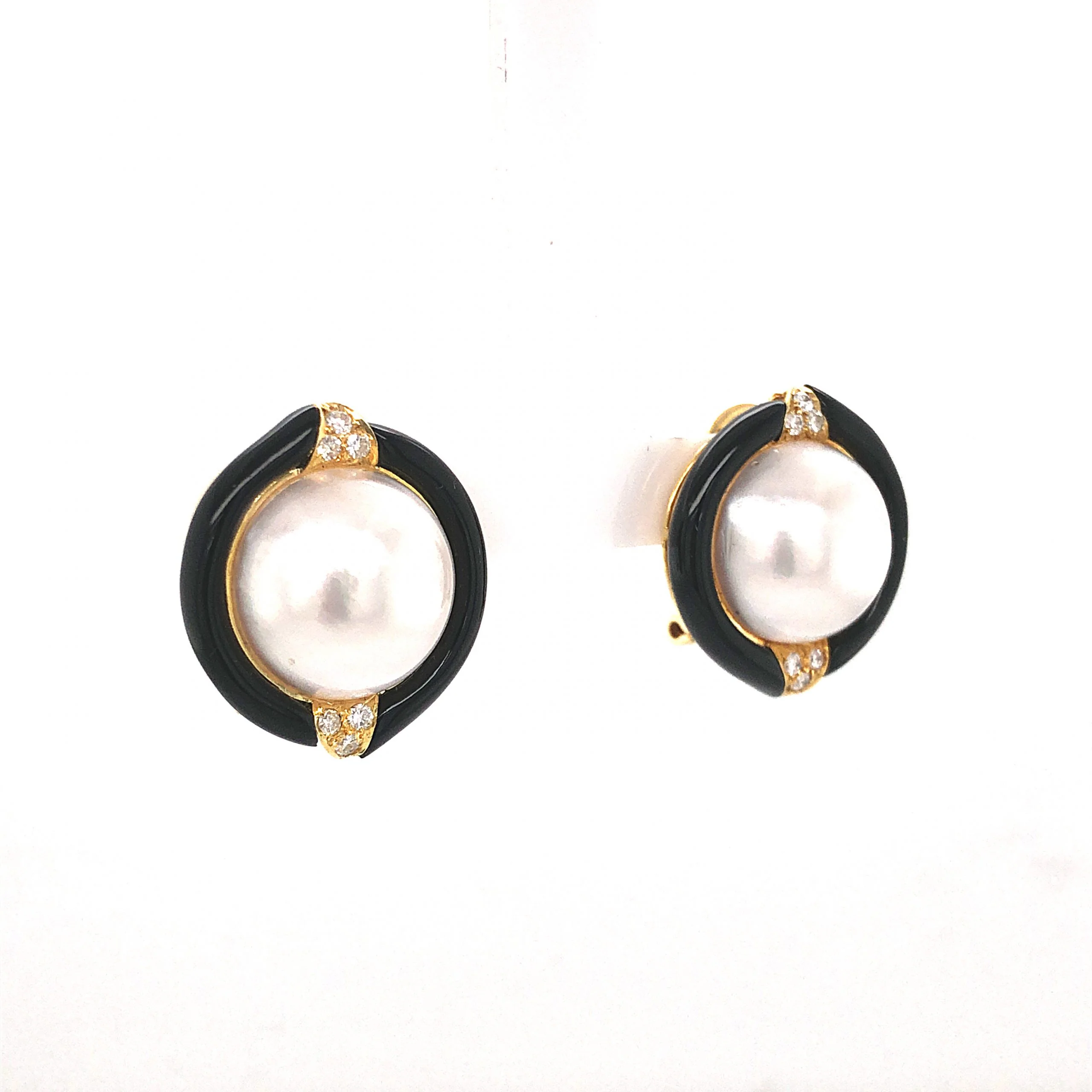 Pearl & Onyx Earrings w/ Diamonds in 18k Yellow Gold - Image 3