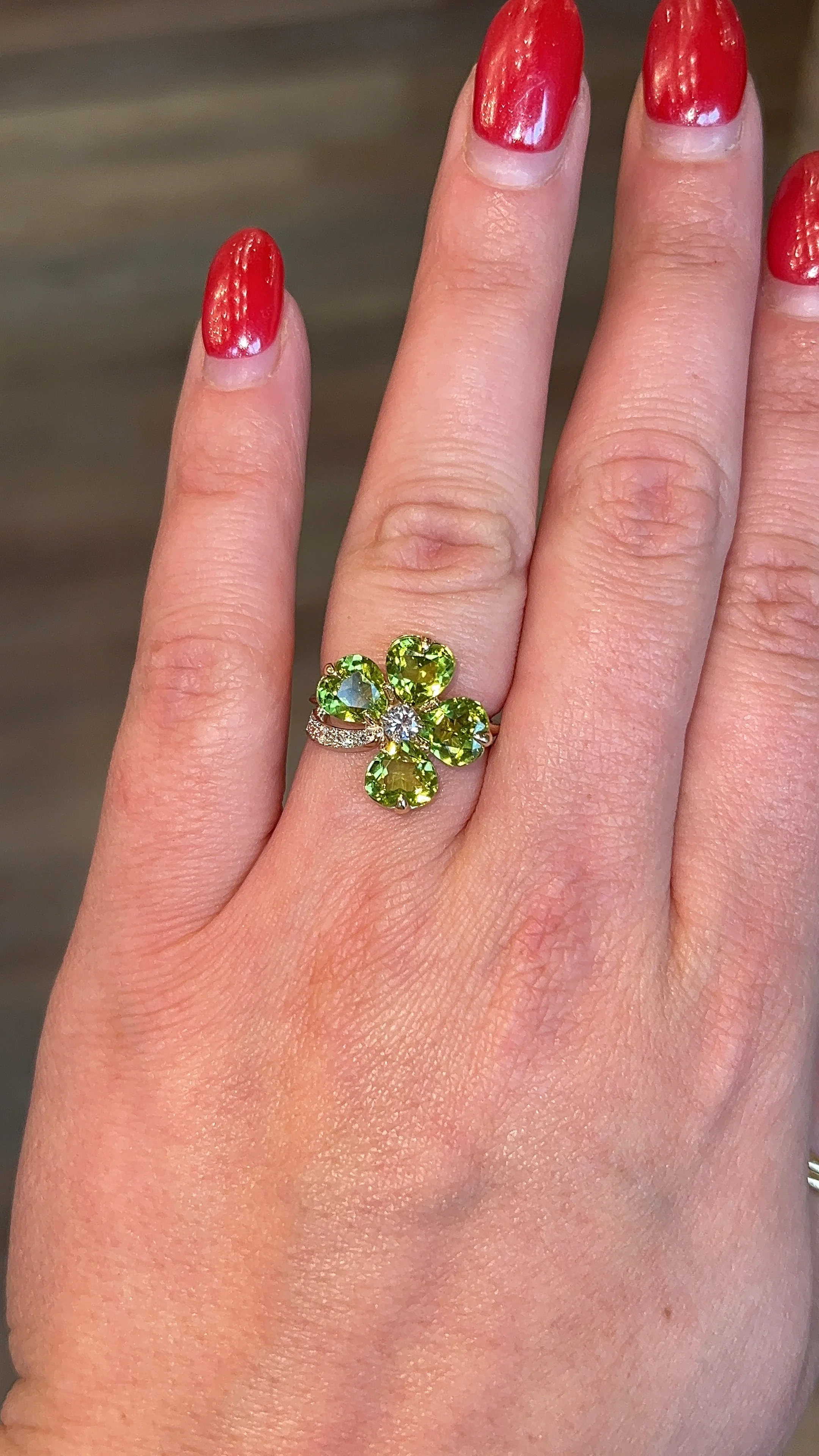 Peridot & Diamond Clover Cocktail Ring in 14k - Image 7