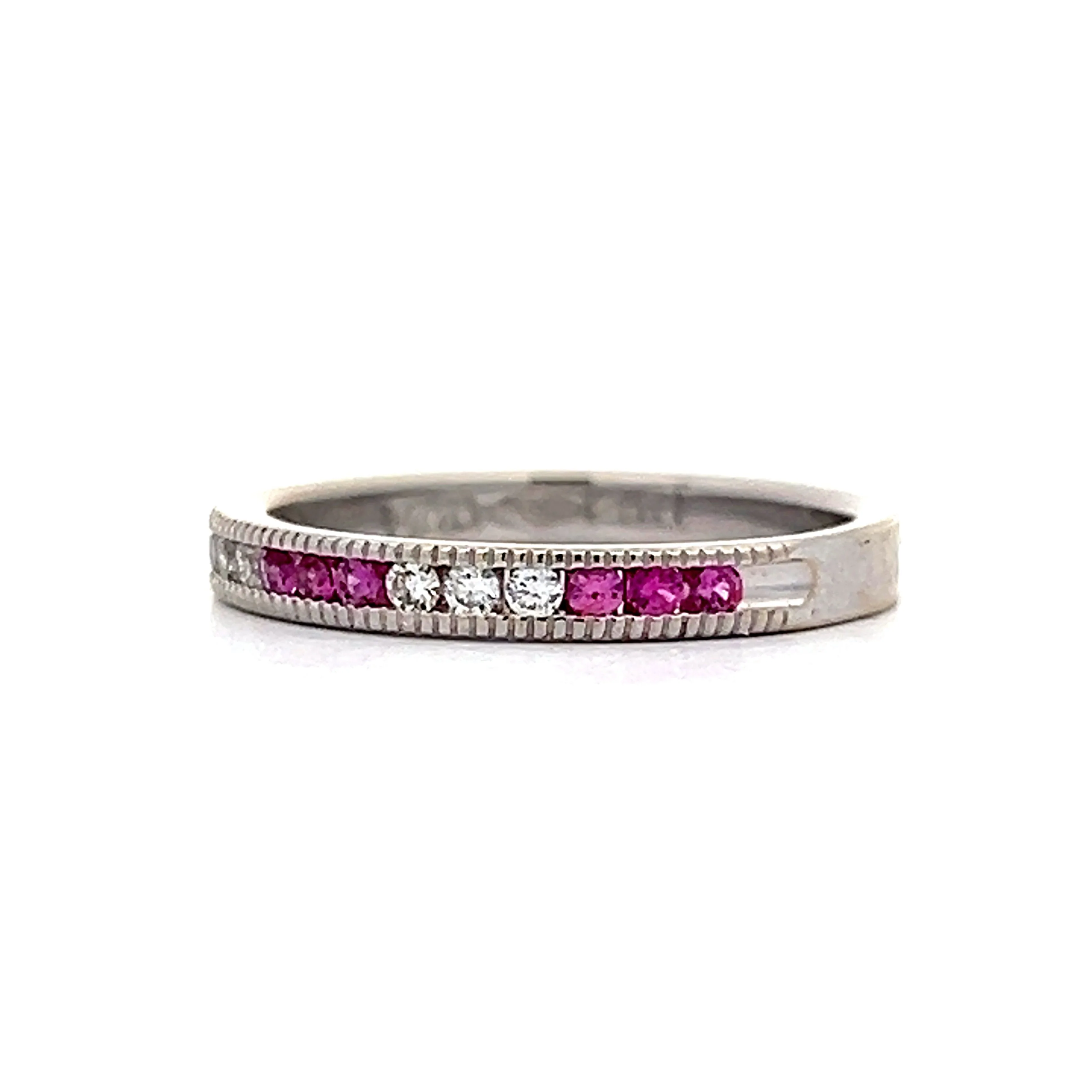 Pink Sapphire & Diamond Wedding Band in White Gold - Image 2