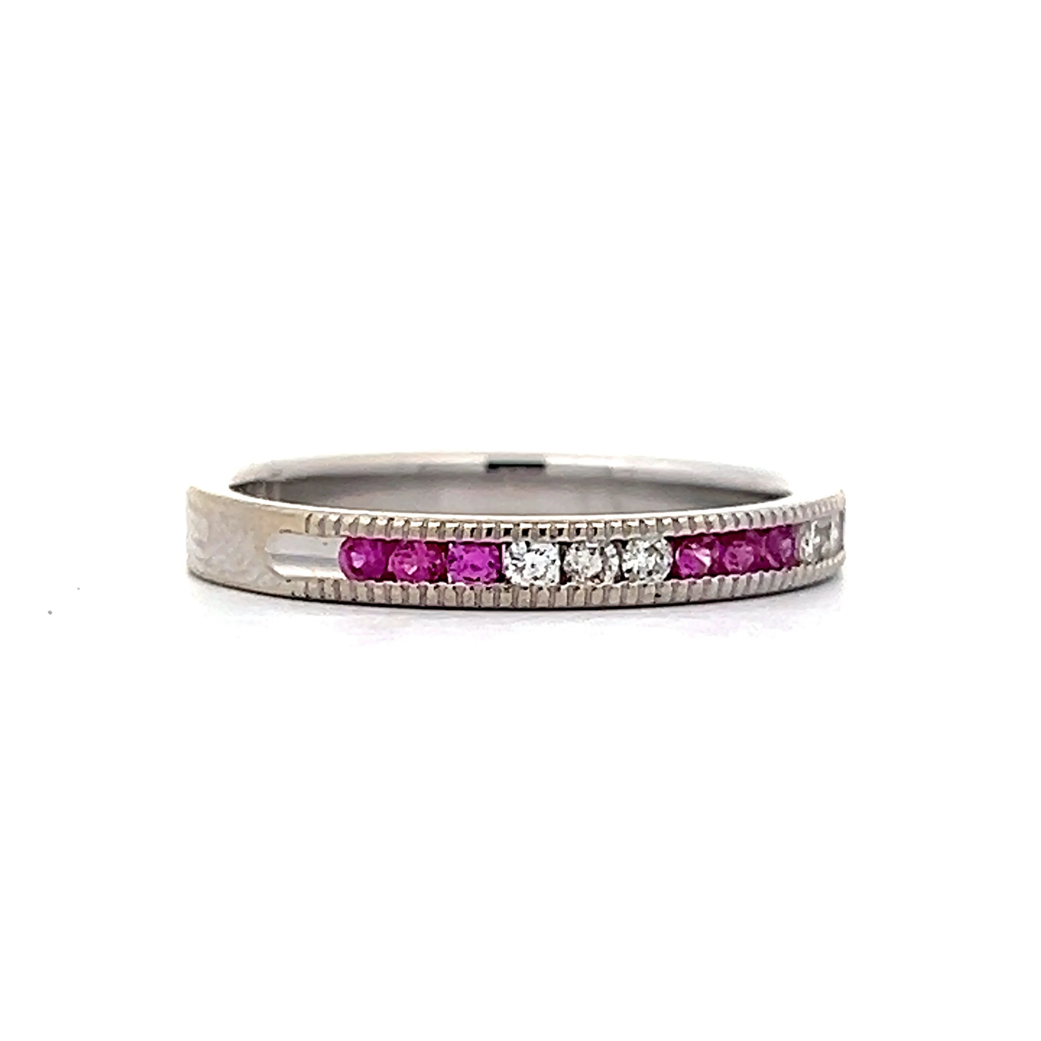 Pink Sapphire & Diamond Wedding Band in White Gold - Image 3