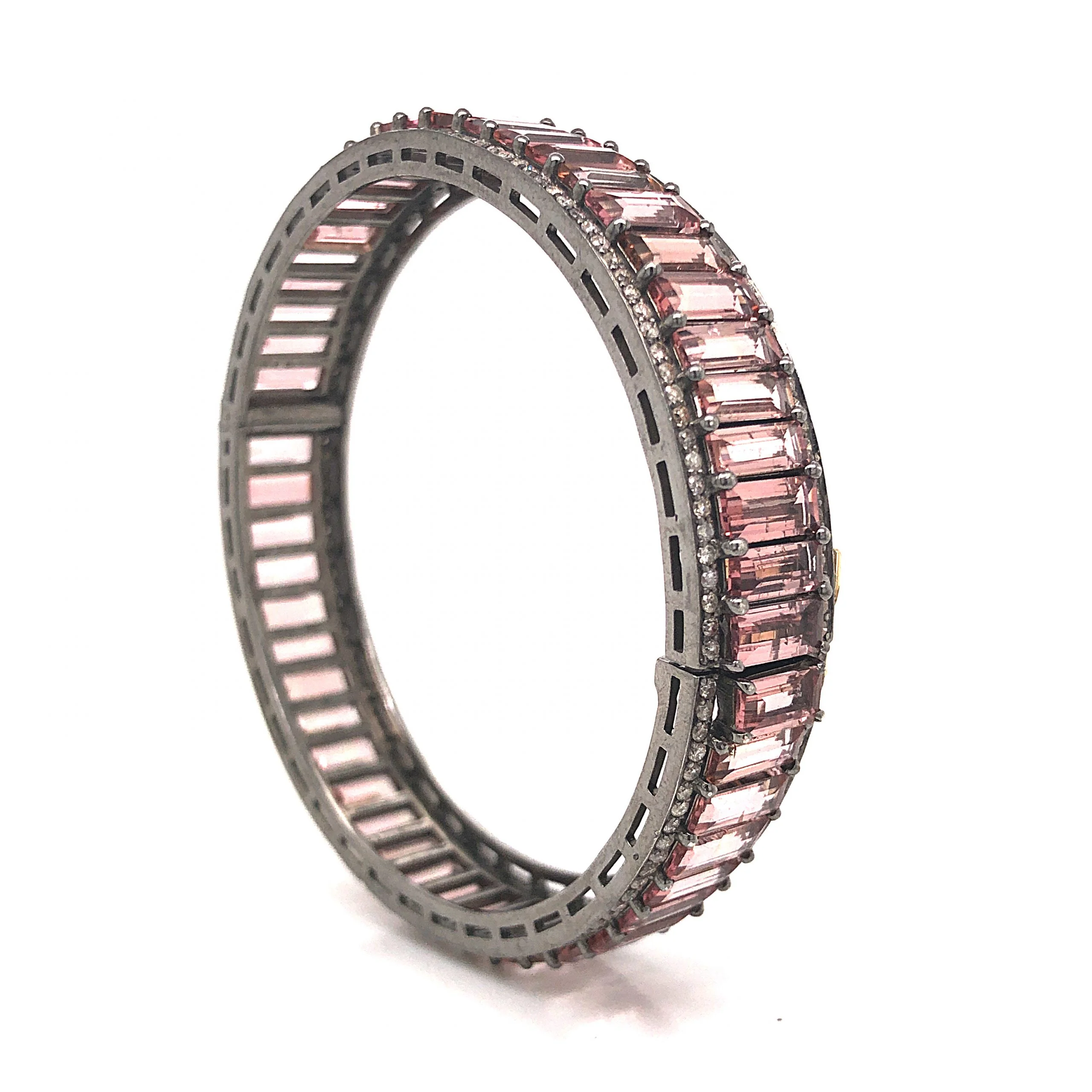 Pink Tourmaline Bangle Bracelet w/ Diamonds in Sterling Silver - Image 4