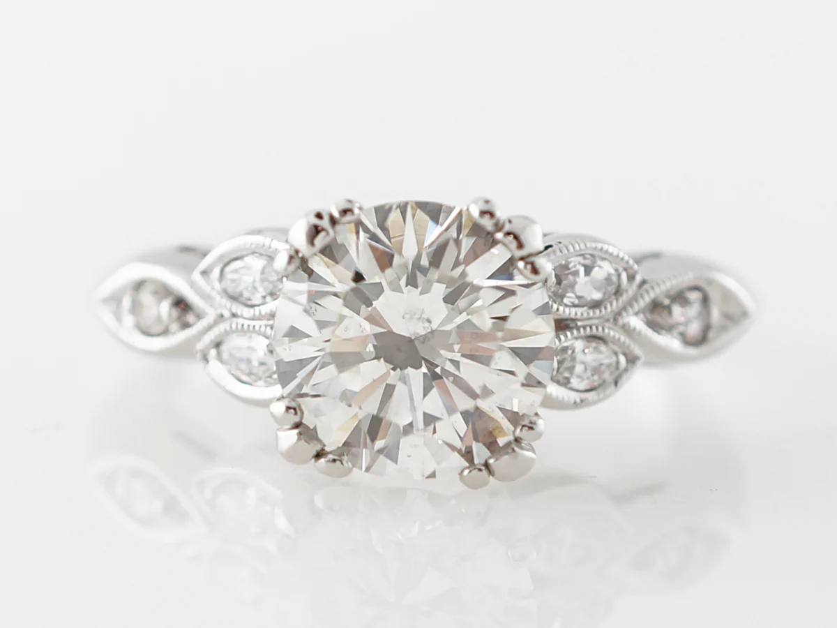 Platinum Deco Engagement Ring w/ Round Brilliant Diamond