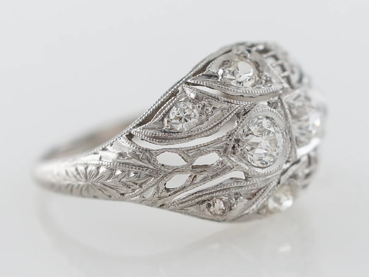 Platinum Filigree Cocktail Ring w/ Old Cut Diamonds - Image 3