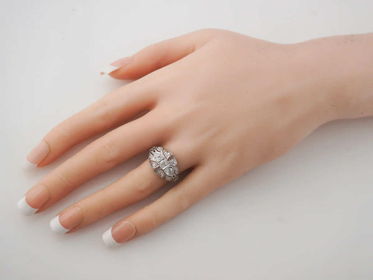 Platinum Filigree Cocktail Ring w/ Old Cut Diamonds - Image 7