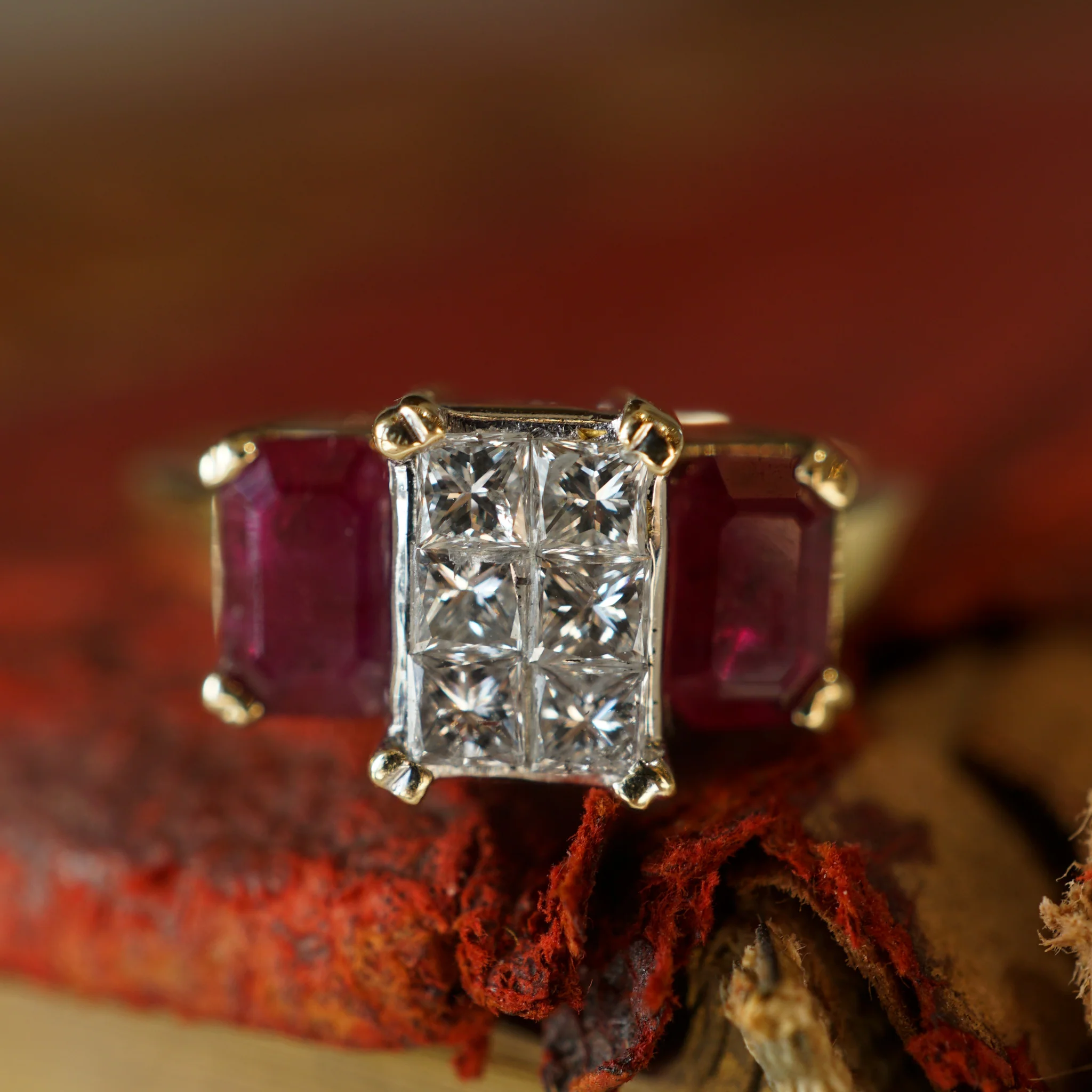 Princess Cut Diamond & Ruby Engagement Ring in 14k Yellow Gold - Image 6
