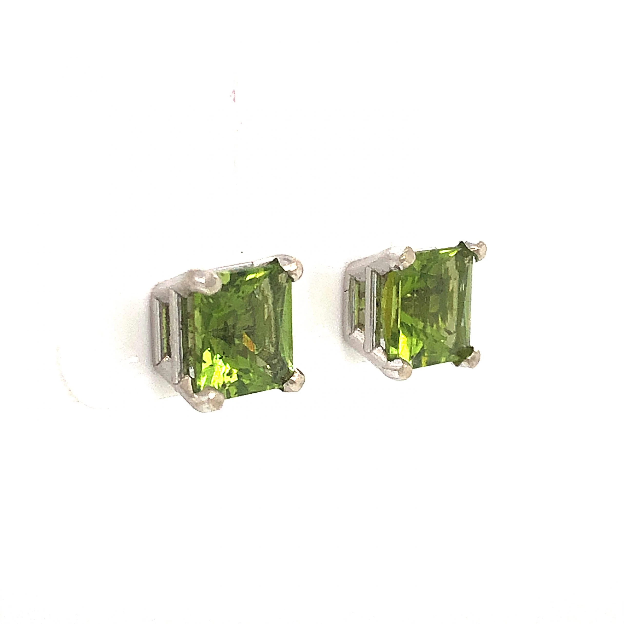 Princess Cut Peridot Stud Earrings in 14k White Gold - Image 3