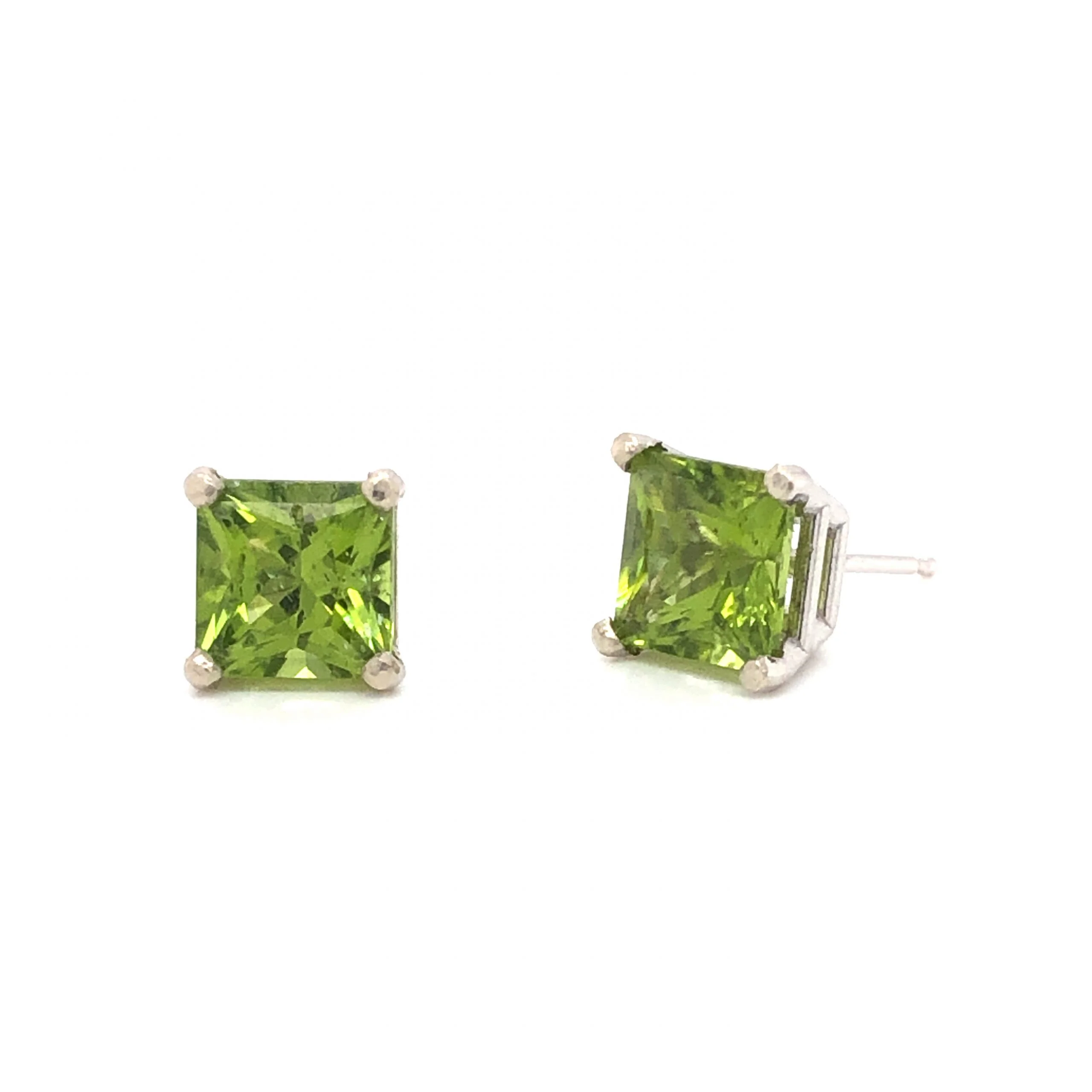 Princess Cut Peridot Stud Earrings in 14k White Gold - Image 4
