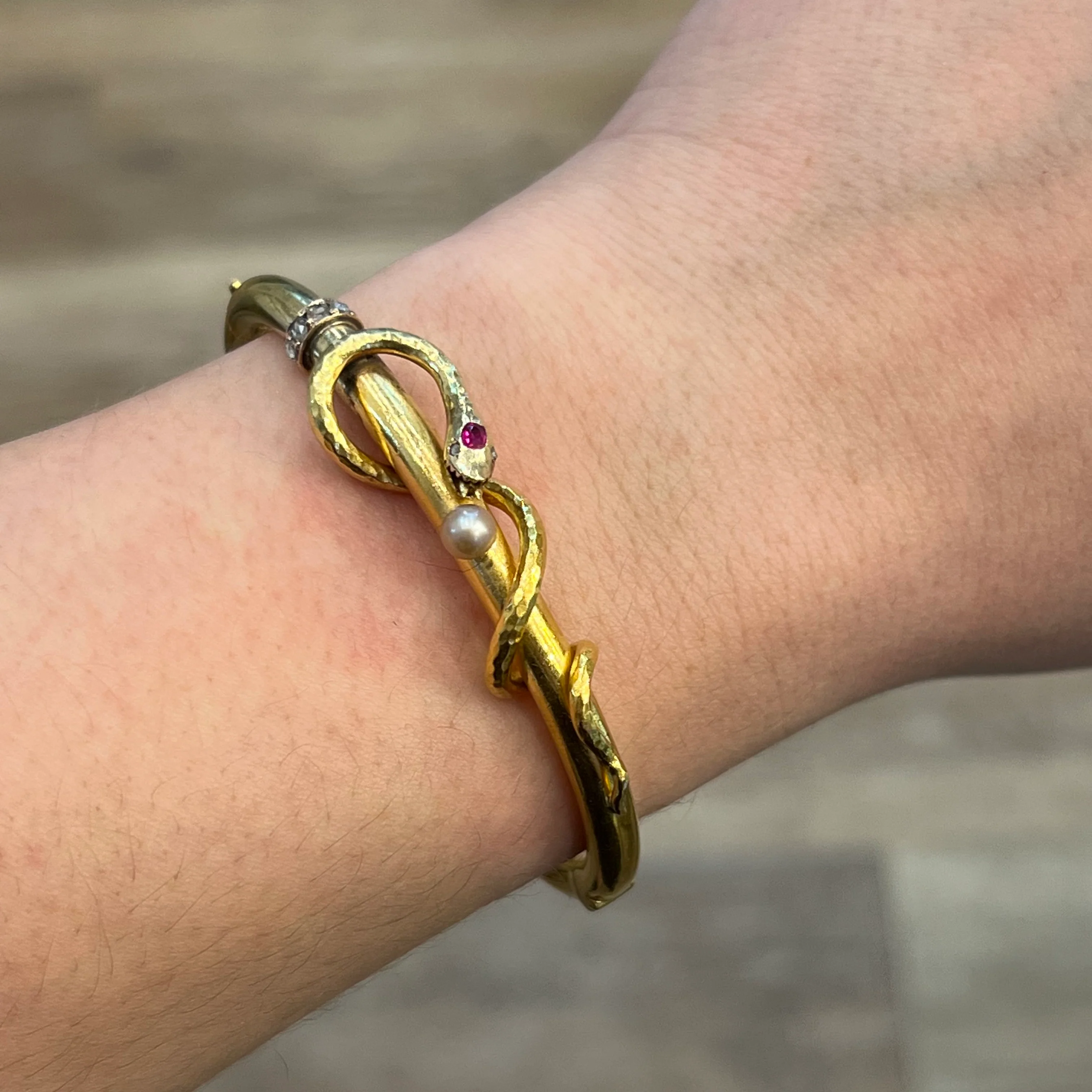 Victorian Snake Wrapped Bangle Bracelet with Diamonds in 14k Gold - Image 4