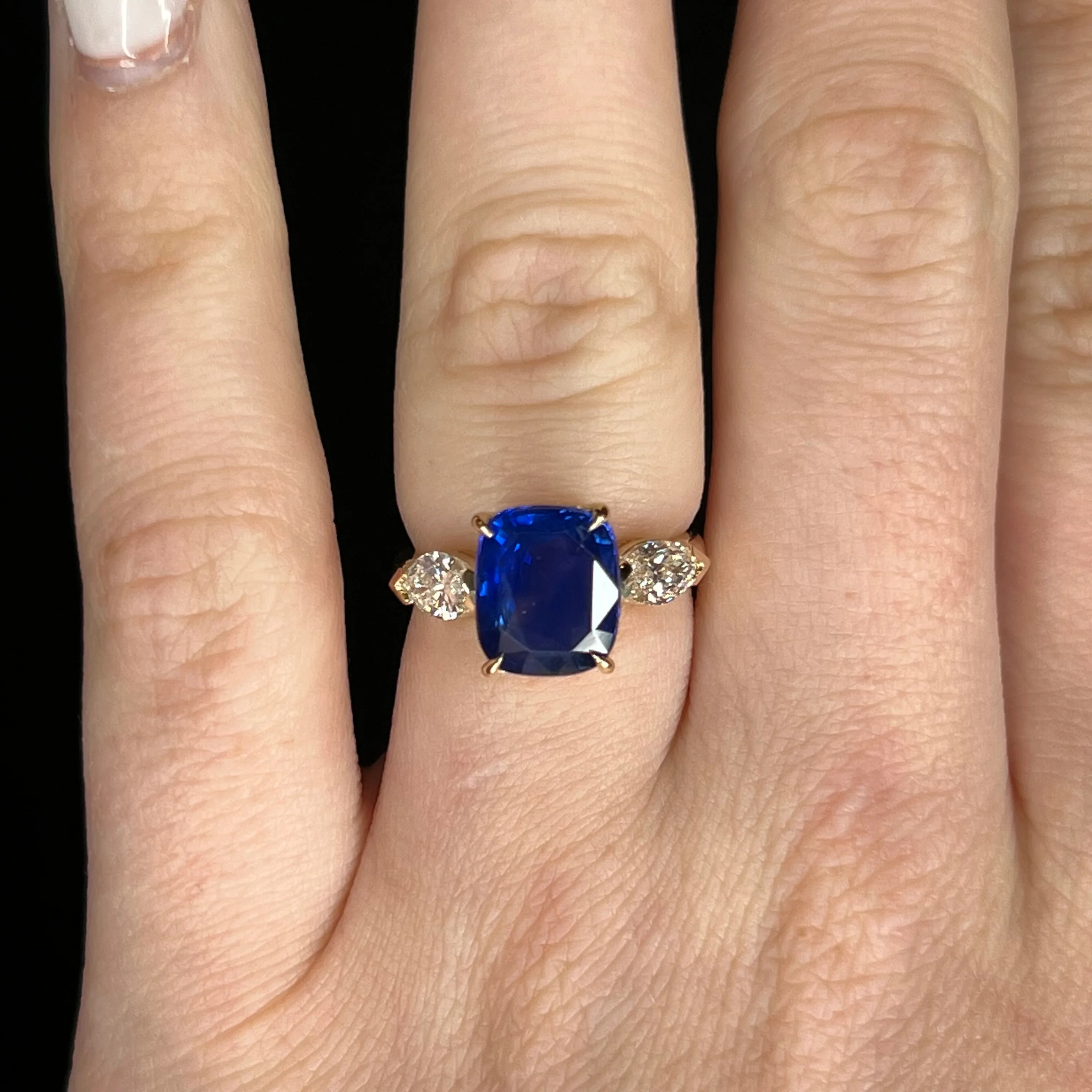 4.46 Blue Sapphire Cushion Three Stone Ring in 14k Yellow Gold - Image 6