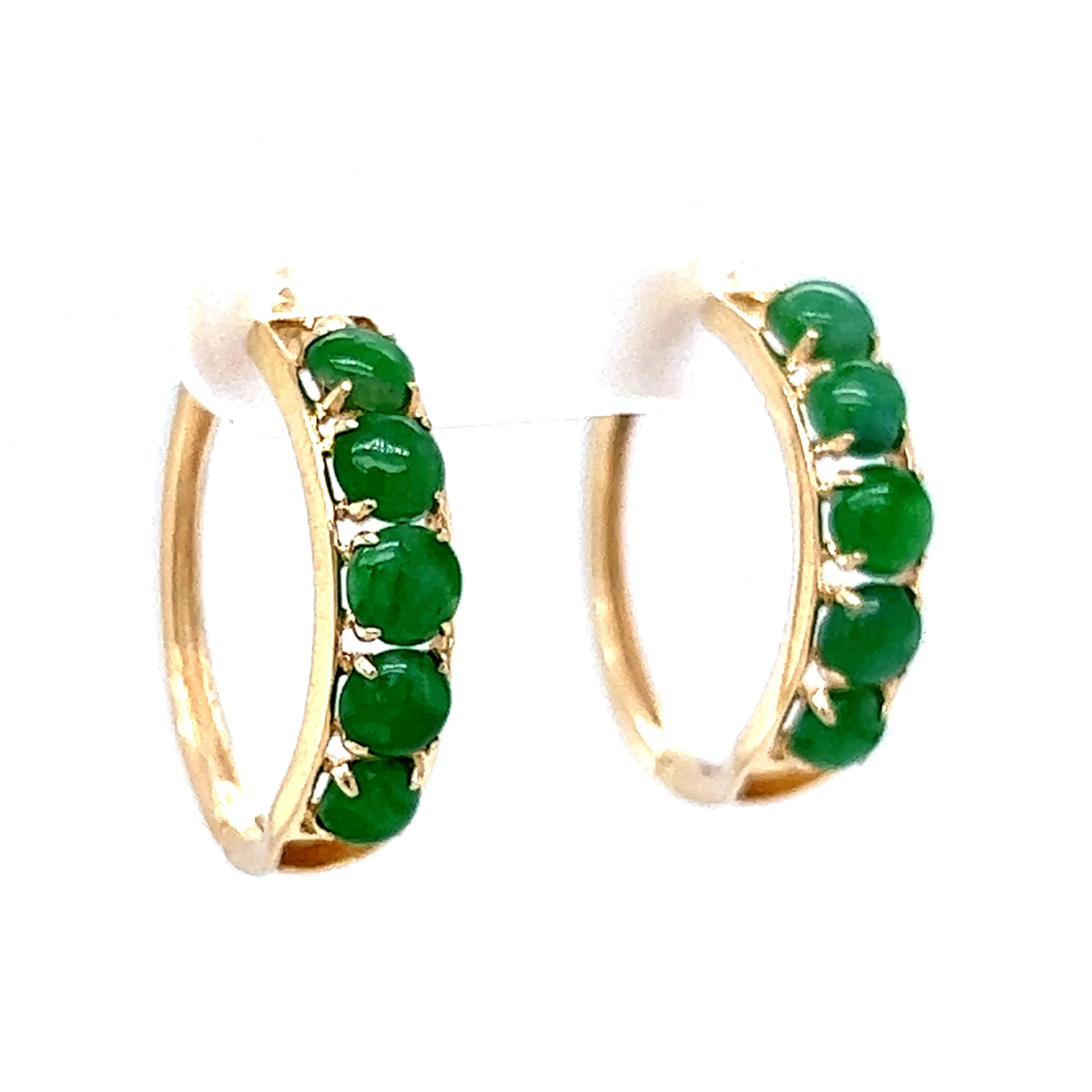 Green Jade Cabochon Hoop Earrings in 14k Yellow Gold - Image 3
