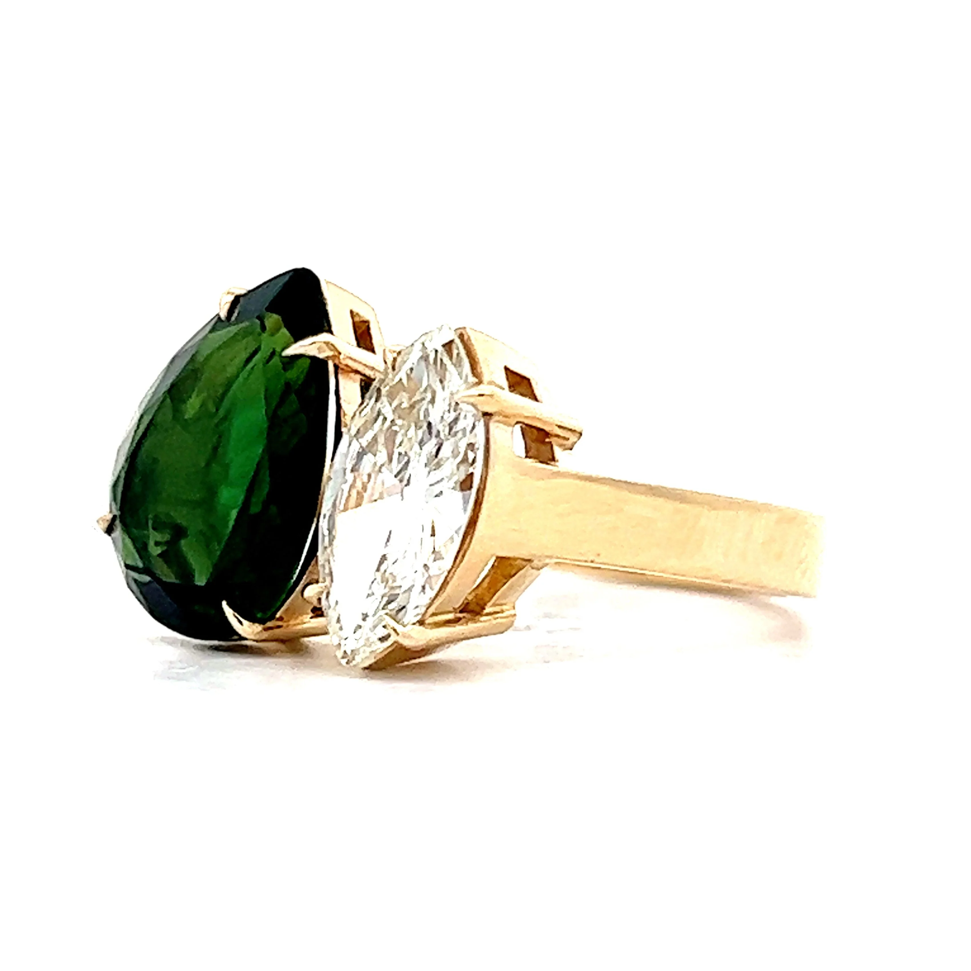 Pear Cut Tourmaline and Marquise Cut Diamond Ring in 14k Yellow Gold - Image 2