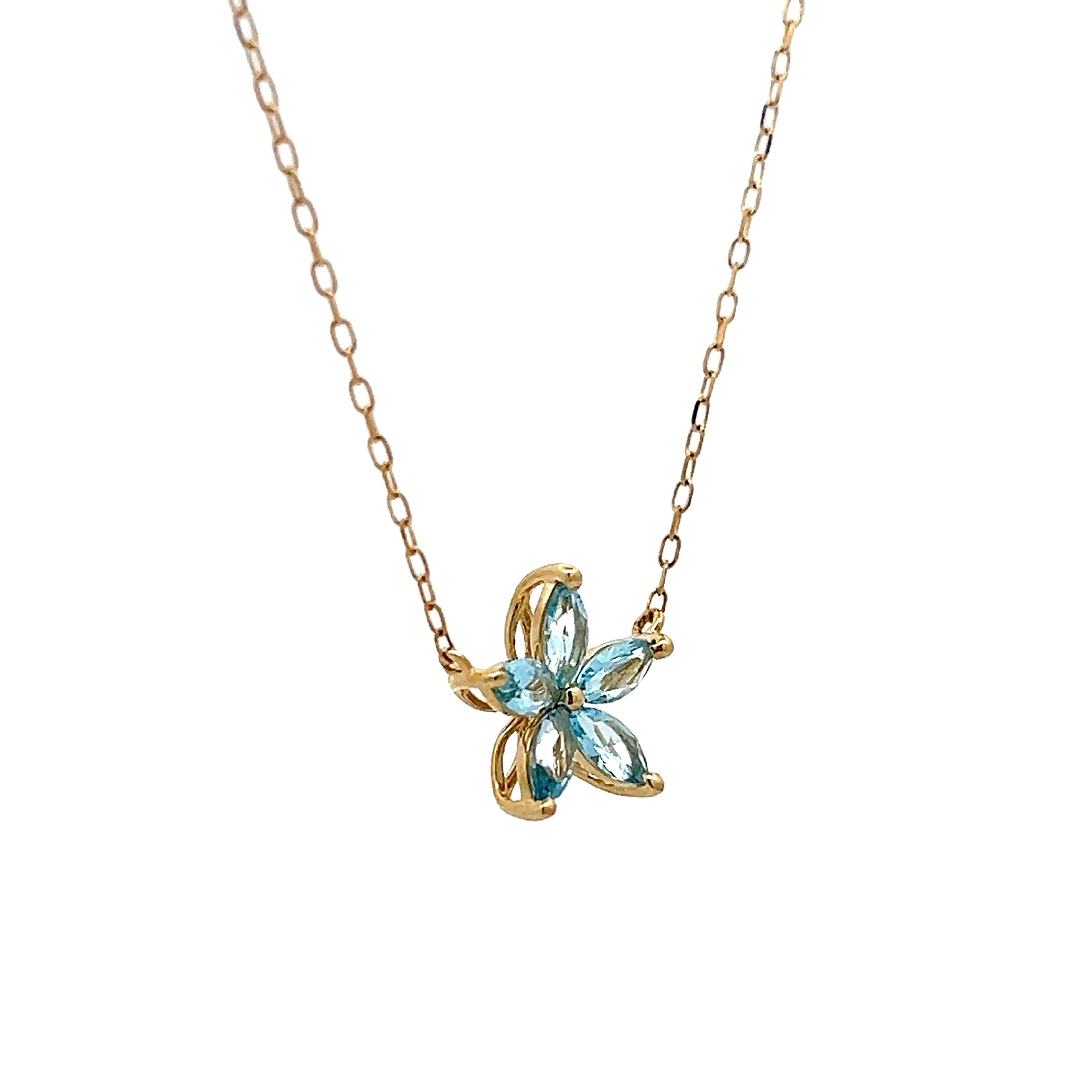 Blue Topaz Flower Pendant Necklace in 14k Yellow Gold - Image 3