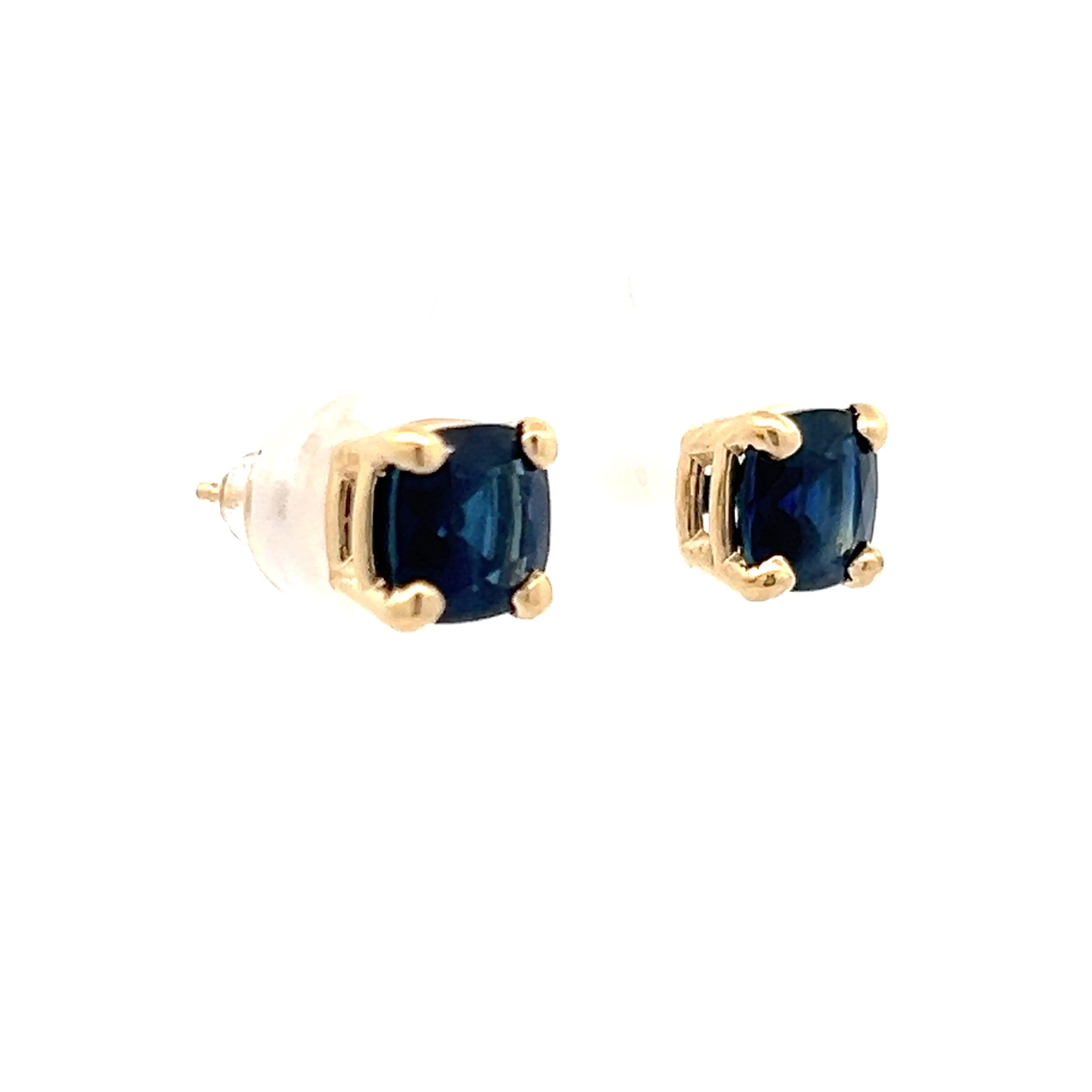 Cushion Cut Blue Sapphire Stud Earrings in 14k Yellow Gold - Image 3