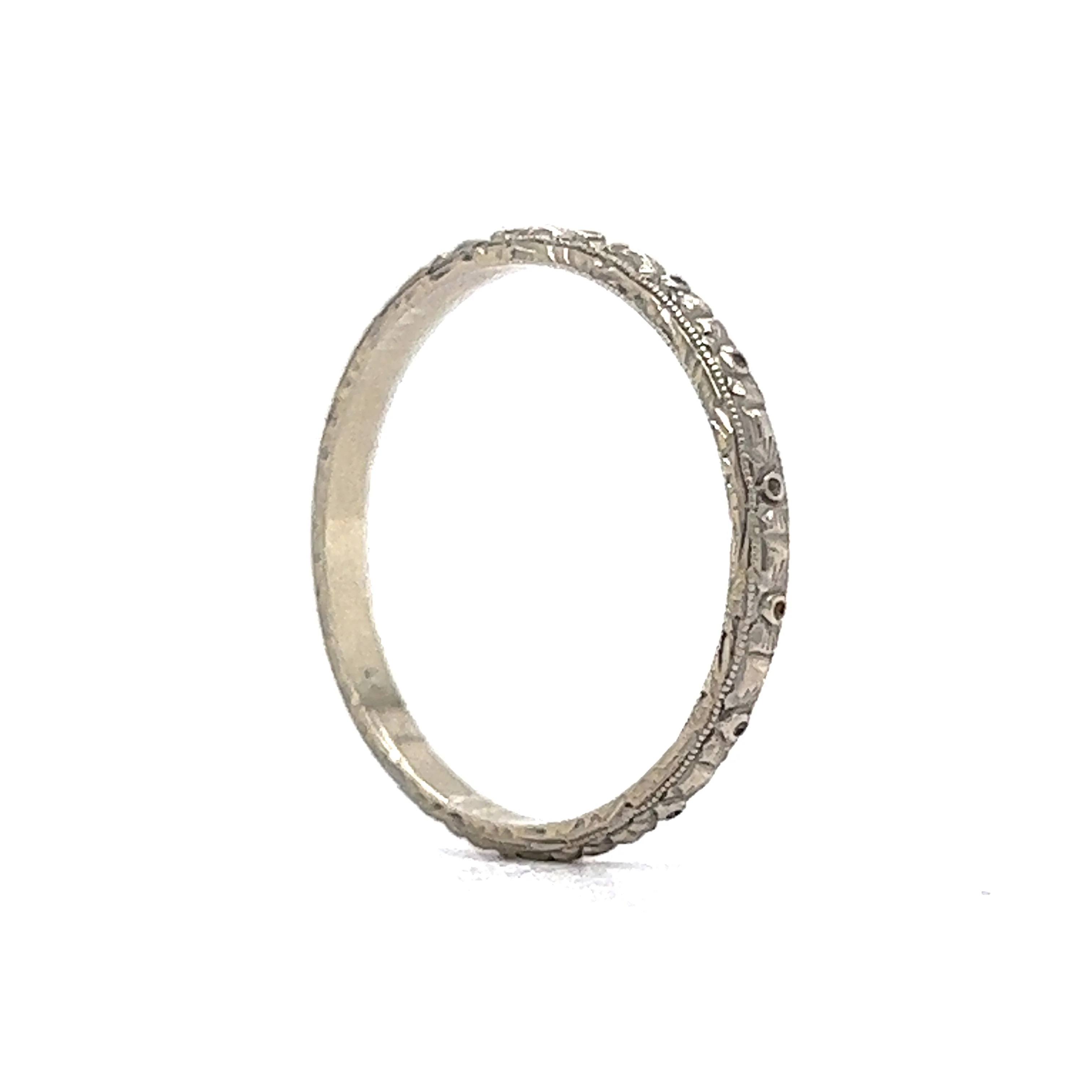 Vintage Art Deco Wedding Band Engraved Orange Blossom in 18k White Gold - Image 5