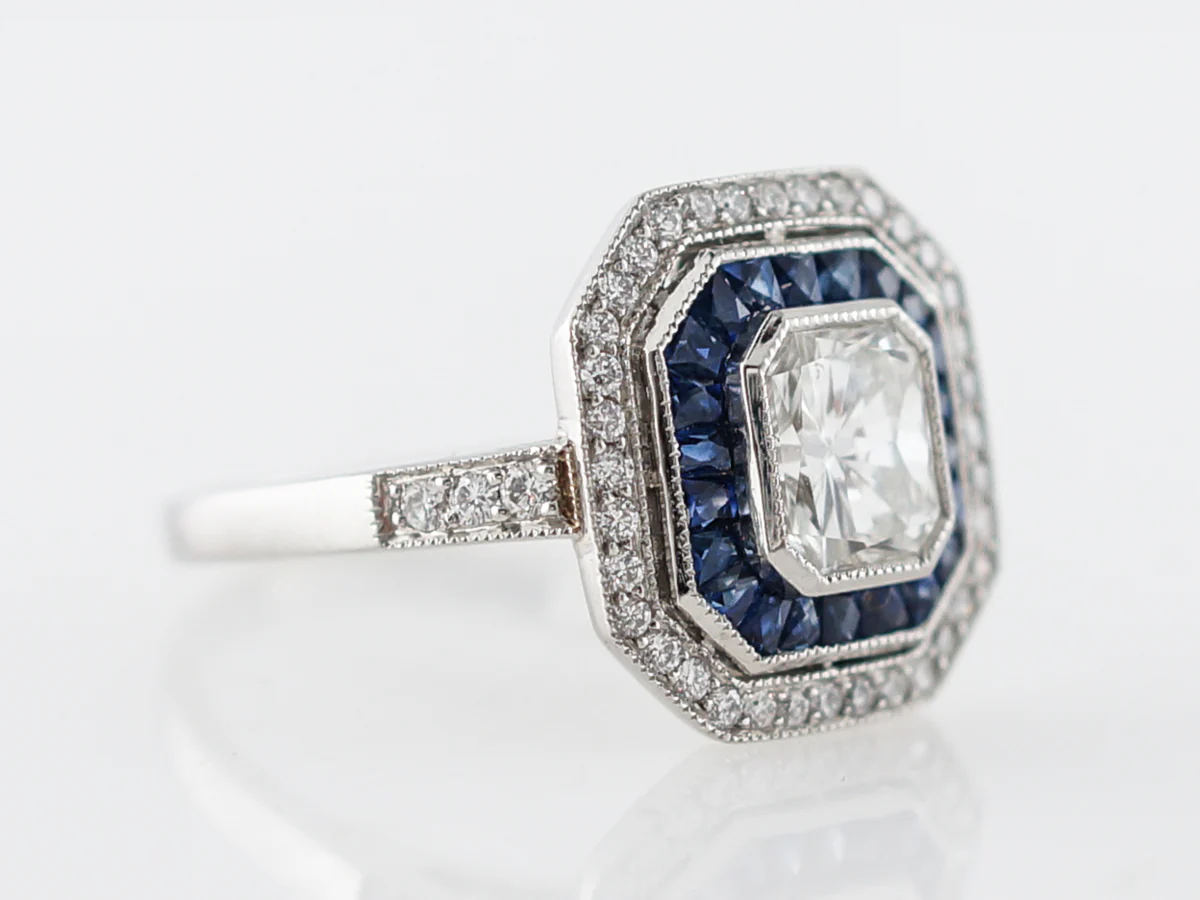 Radiant Cut Diamond & Sapphire Halo Engagement Ring - Image 3