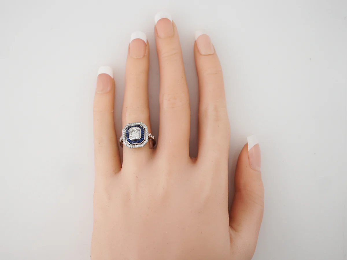 Radiant Cut Diamond & Sapphire Halo Engagement Ring - Image 6