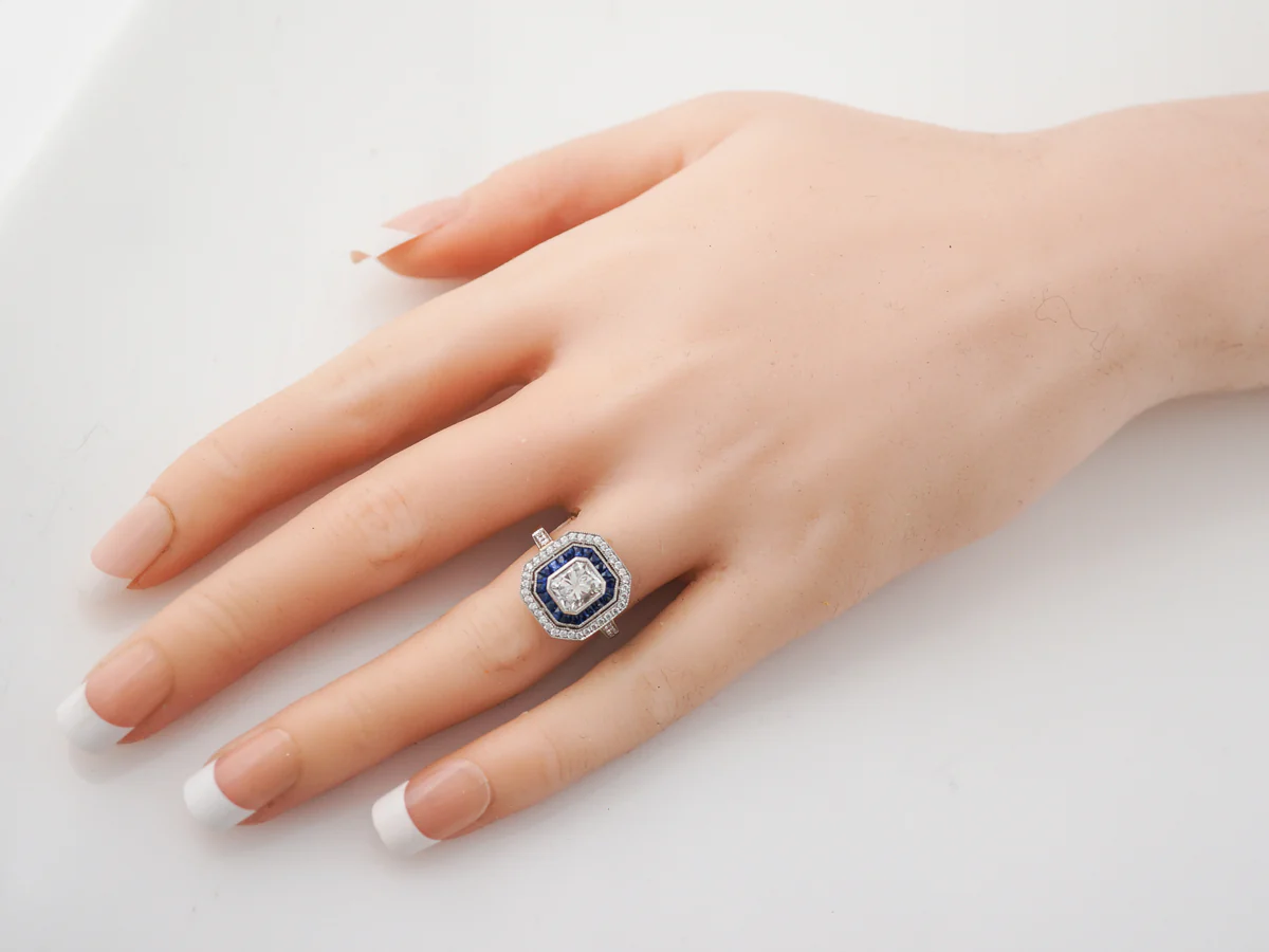 Radiant Cut Diamond & Sapphire Halo Engagement Ring - Image 7