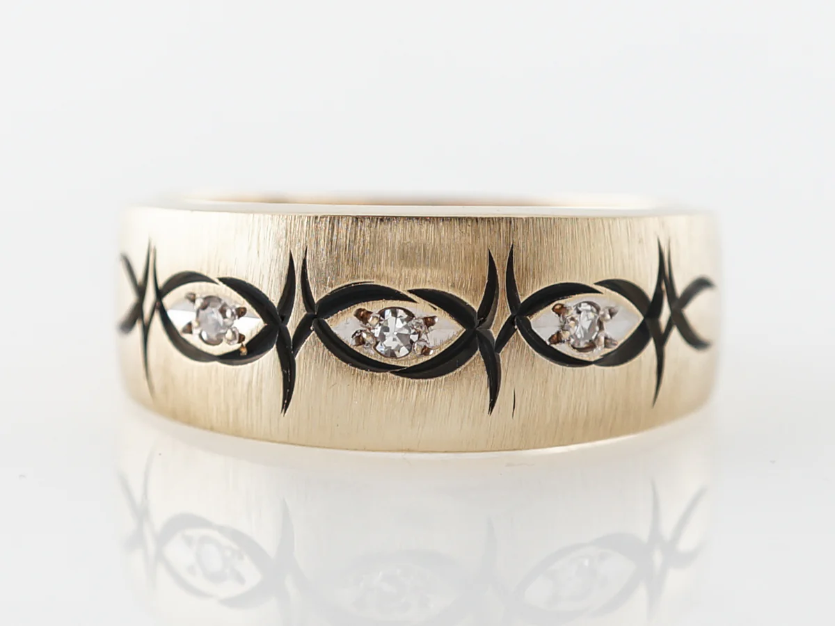 Retro Diamond & Black Enamel Ring Yellow Gold