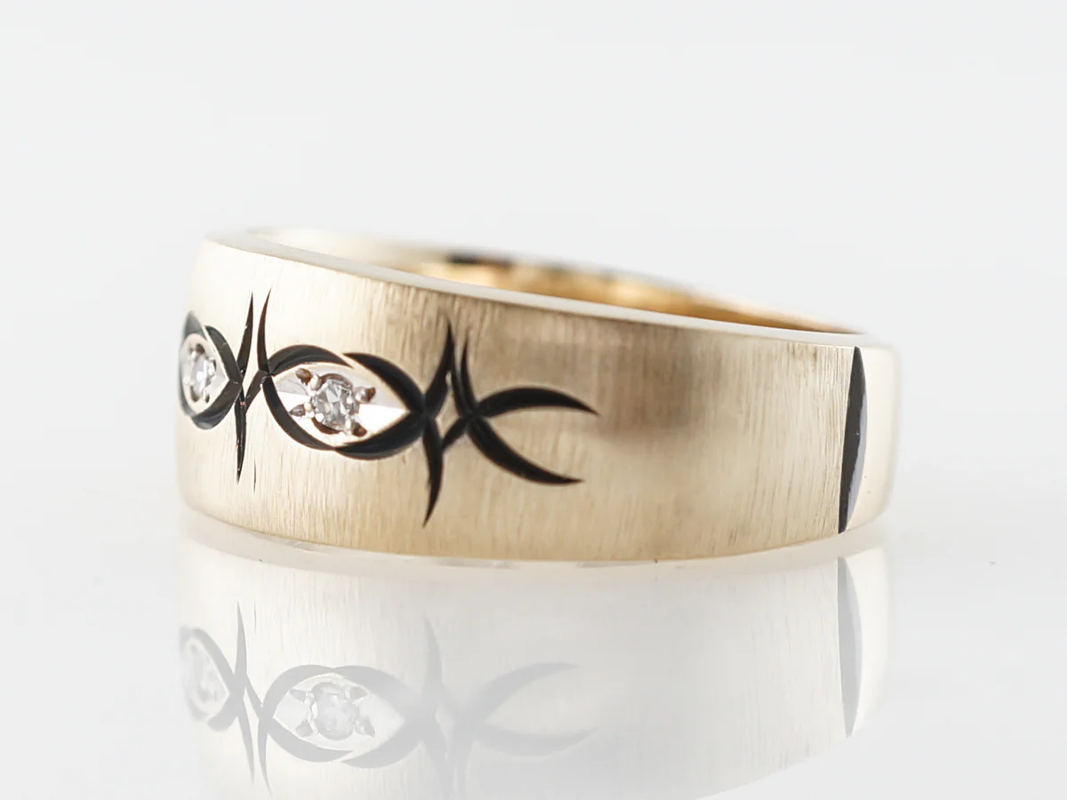 Retro Diamond & Black Enamel Ring Yellow Gold - Image 2
