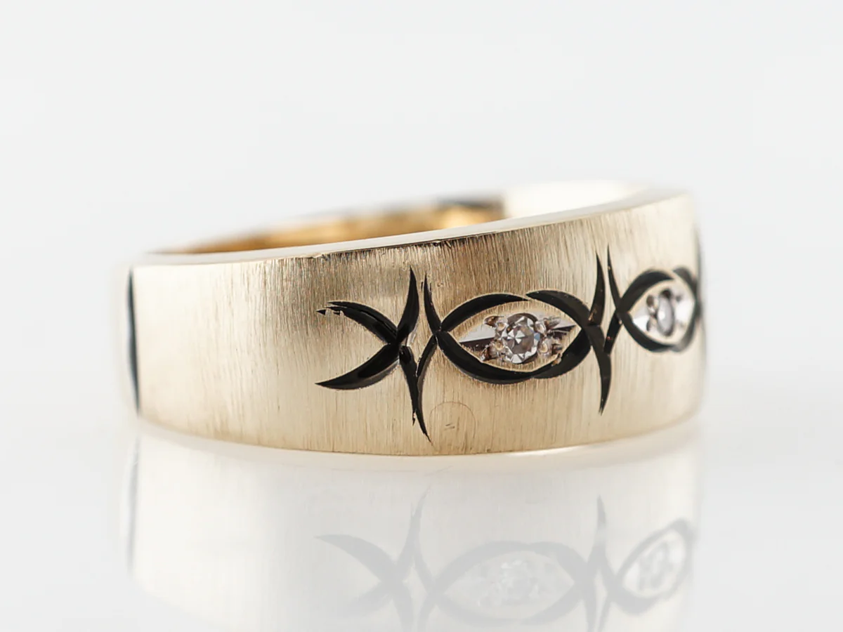 Retro Diamond & Black Enamel Ring Yellow Gold - Image 3