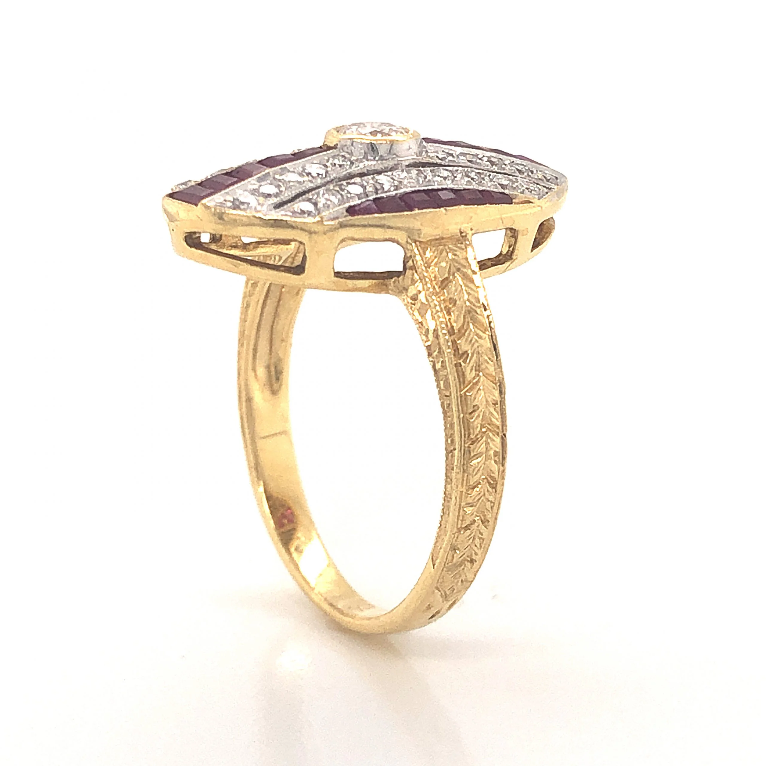 Retro Diamond & Ruby Cocktail Ring in 18k Yellow & White Gold - Image 5