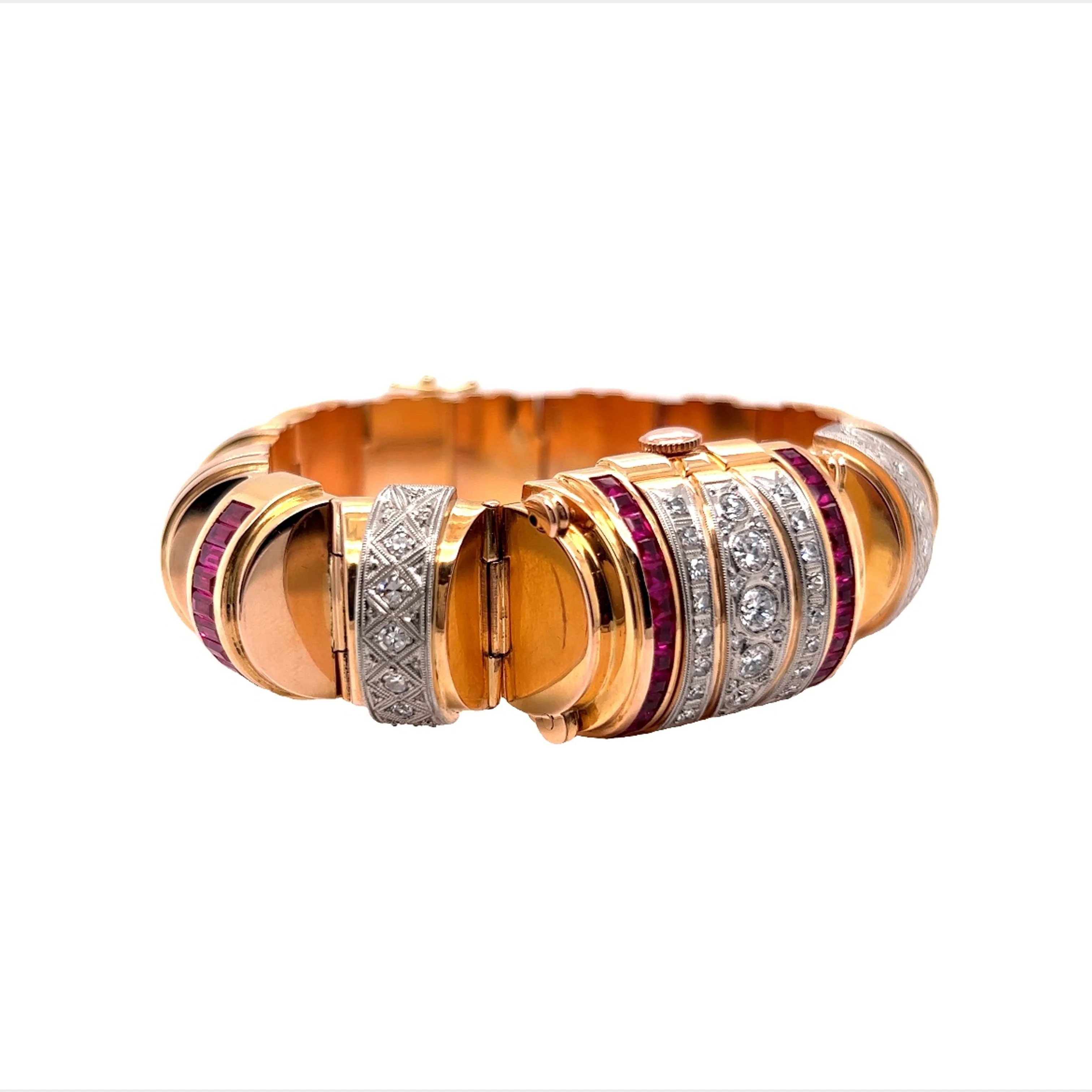 Retro Omega Diamond & Ruby Watch Bracelet in 18k Rose Gold - Image 3