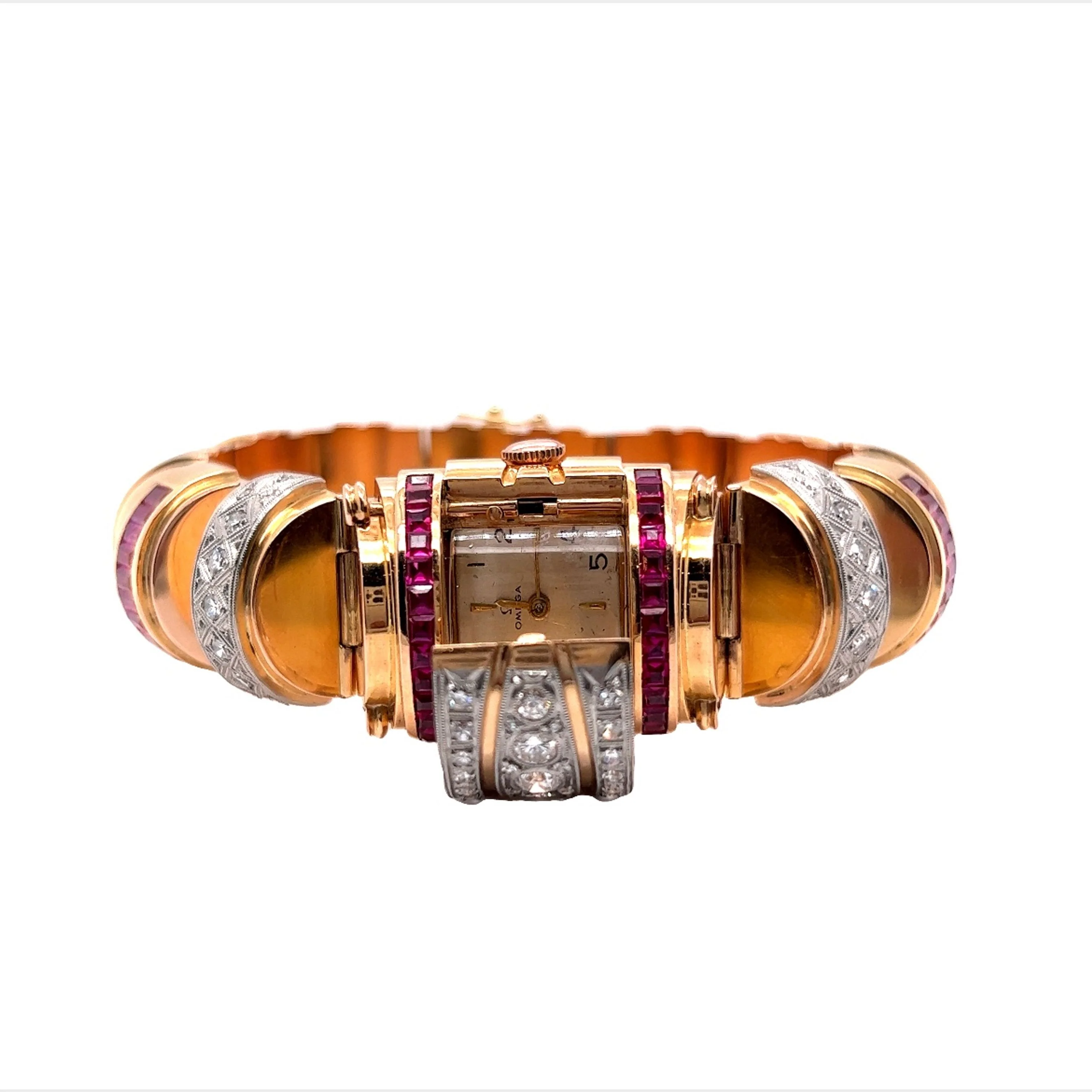 Retro Omega Diamond & Ruby Watch Bracelet in 18k Rose Gold - Image 4