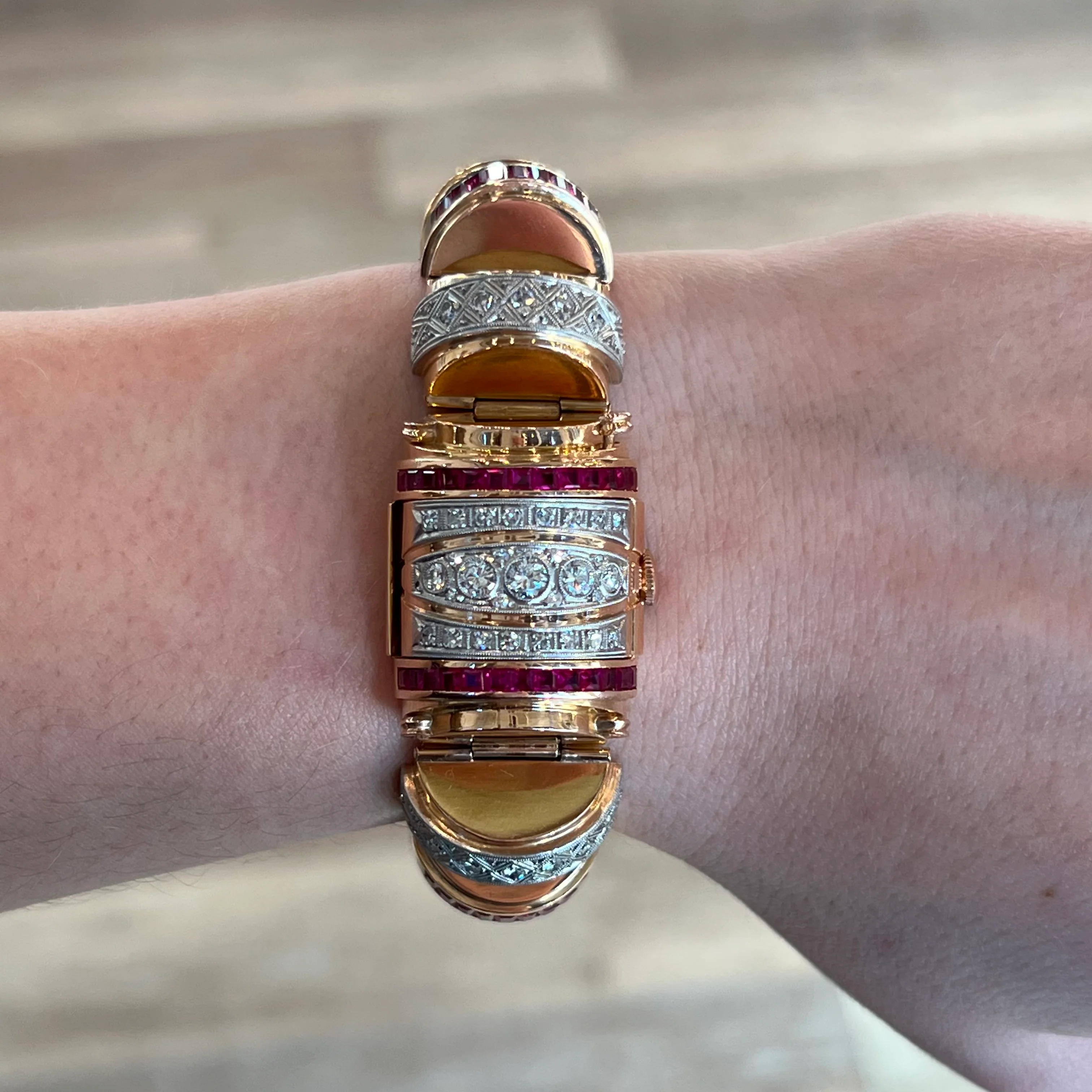 Retro Omega Diamond & Ruby Watch Bracelet in 18k Rose Gold - Image 5
