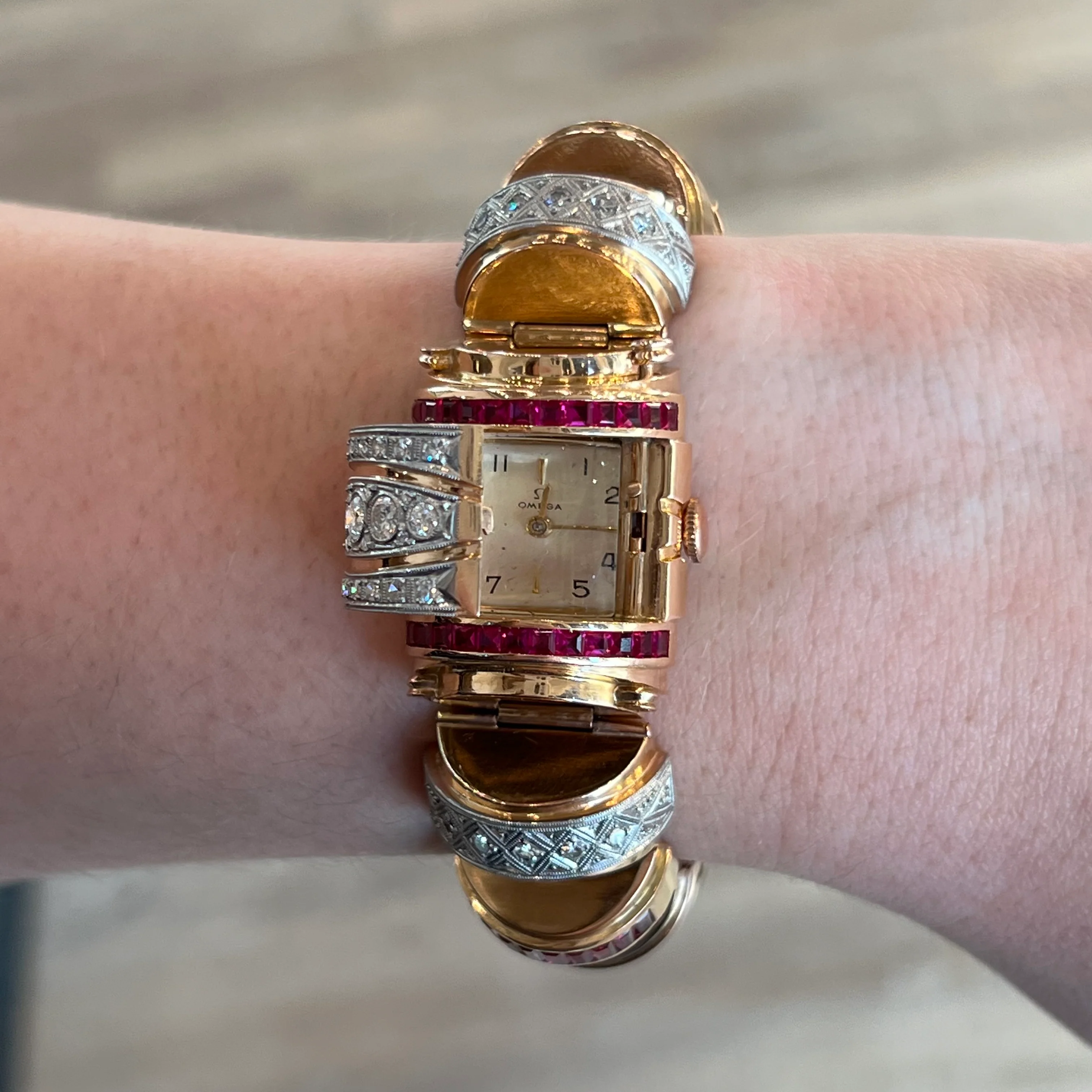 Retro Omega Diamond & Ruby Watch Bracelet in 18k Rose Gold - Image 6
